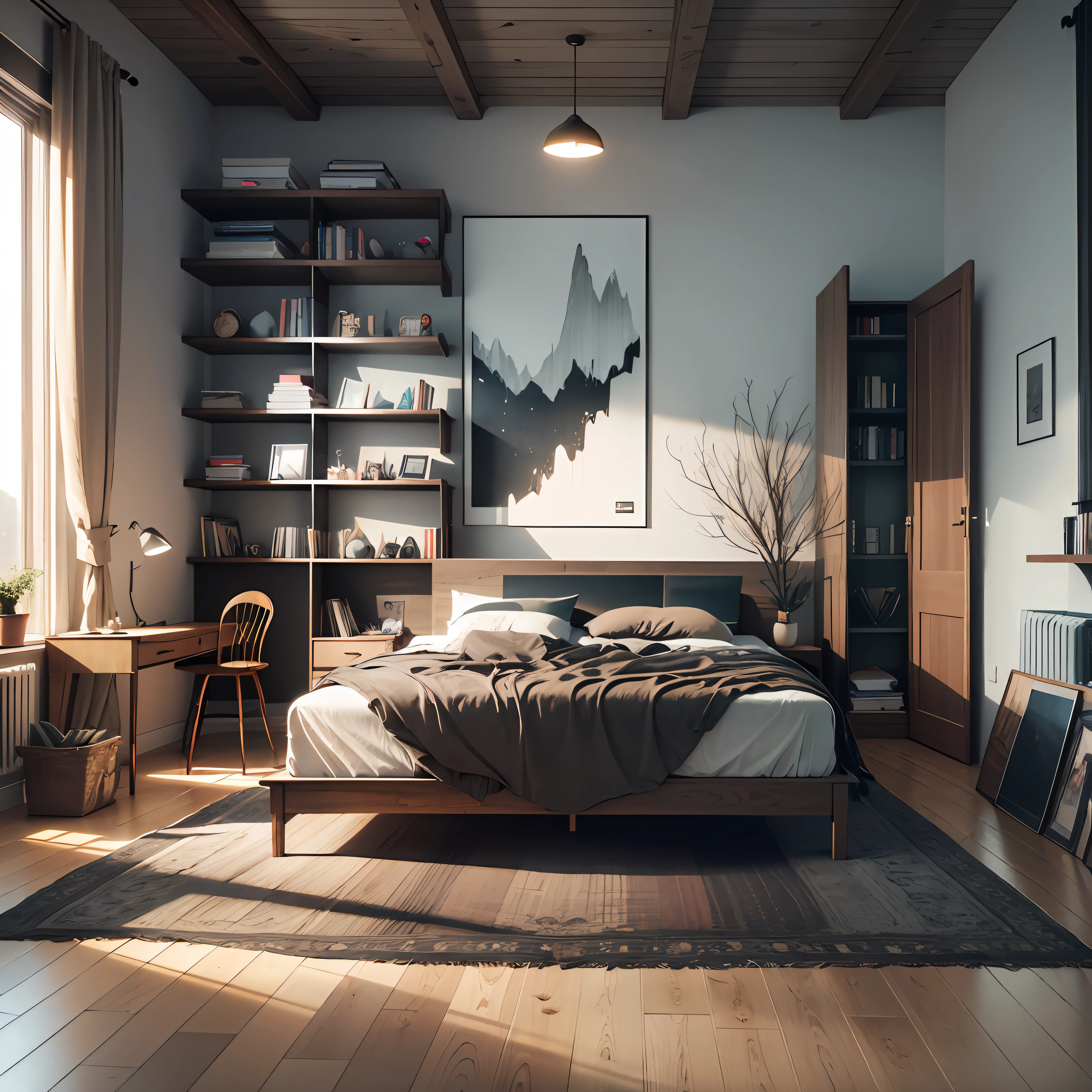 Modern style bedroom，Wooden floors，Sofa bed，Modern computer desk，High bookshelves，Model stand，pphotorealistic，8k