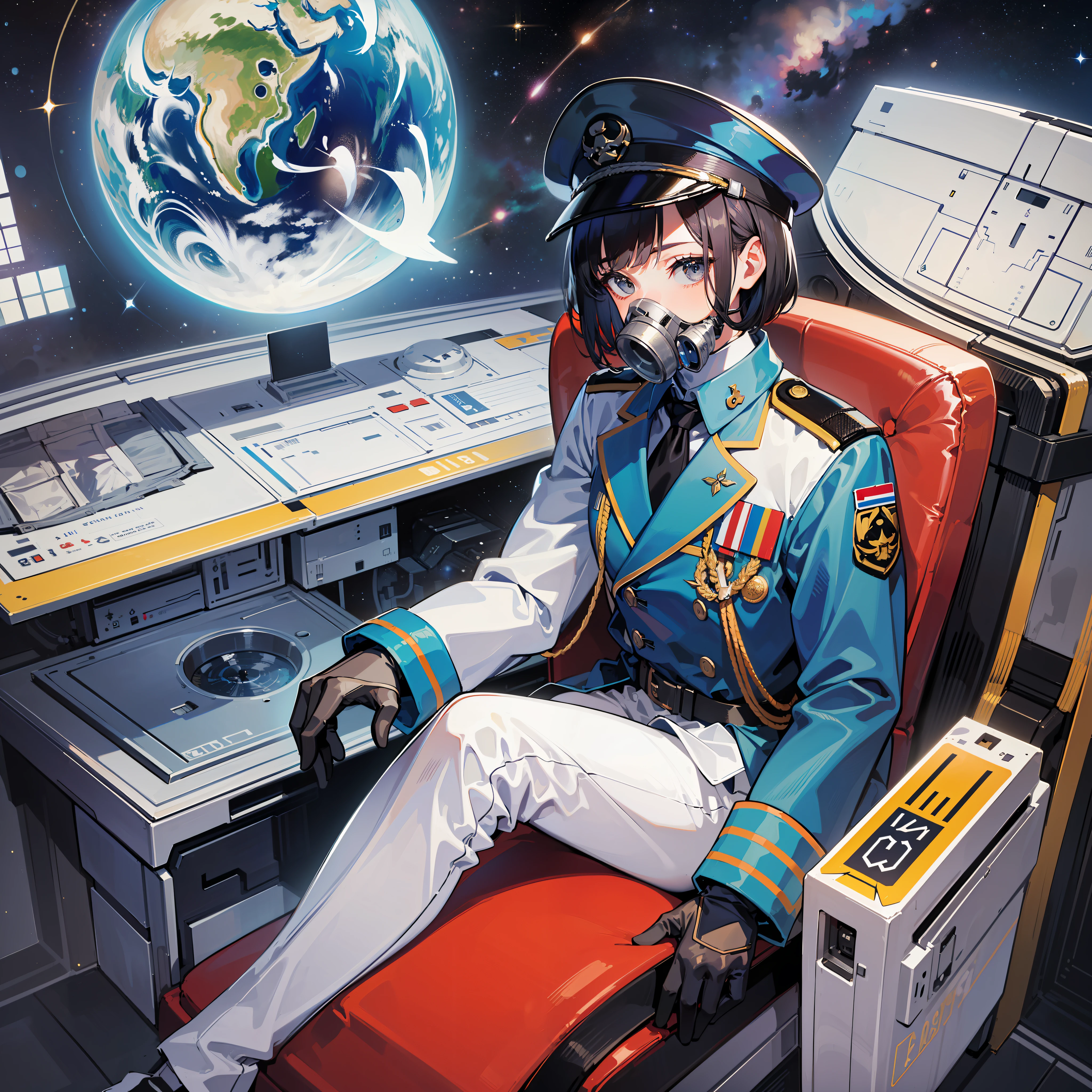 ((Masterpiece)), ((Best Quality)), ((Best Quality)), (Illustration of One Girl), Full Body, 25 Years Old, (Admiral), Black Hair Bob Cut, (((Gas Mask Covering Face)), Gray Eyes, (Tall)), ((Military Uniform)), ((Military Uniform)), (Military Hat)), ((Army Coat)), (White Clothes), (White Pants), (White Hat), Trench Coat, (((Inside the Spaceship, Sitting on the Captain's Seat)) , (outside the window, space, earth seen from space, spaceport)