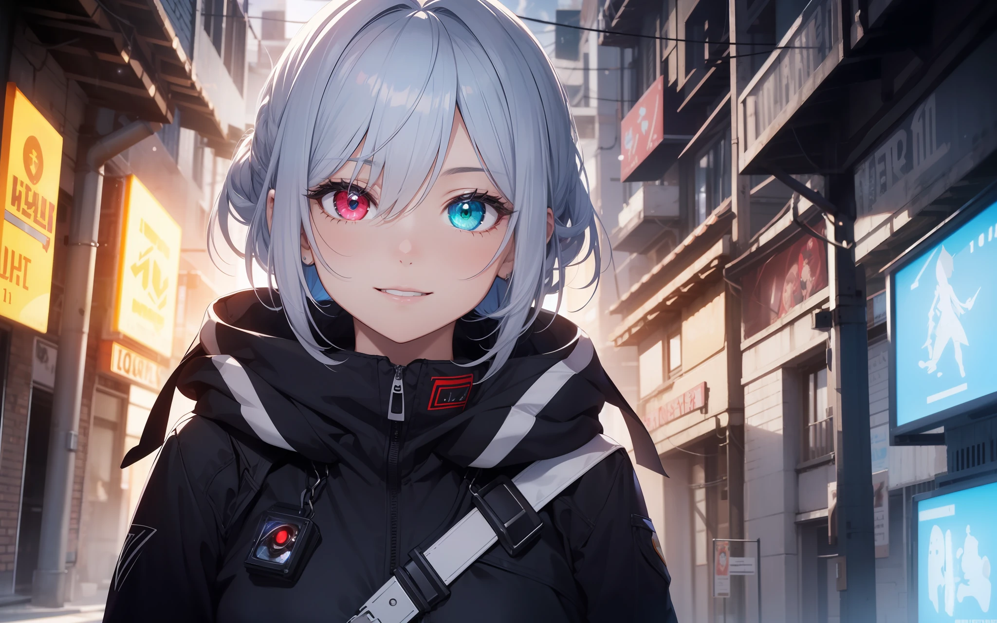 Top quality, photorealistic, super detailed, delicate, orderly, high detail, bluish-silver ponytail, (drooping heterochromia iris: 1.3), , embarrassing, smile, slender, cowboy shot, blurred background, (1 girl: 1.1), game CG, dynamic angle, (bioluminescent hair, glowing eyes: 1.2), ambient occlusion, ambient light, ray-traced reflection, glow, glowing aura, glowing hair, Ninja Slayer