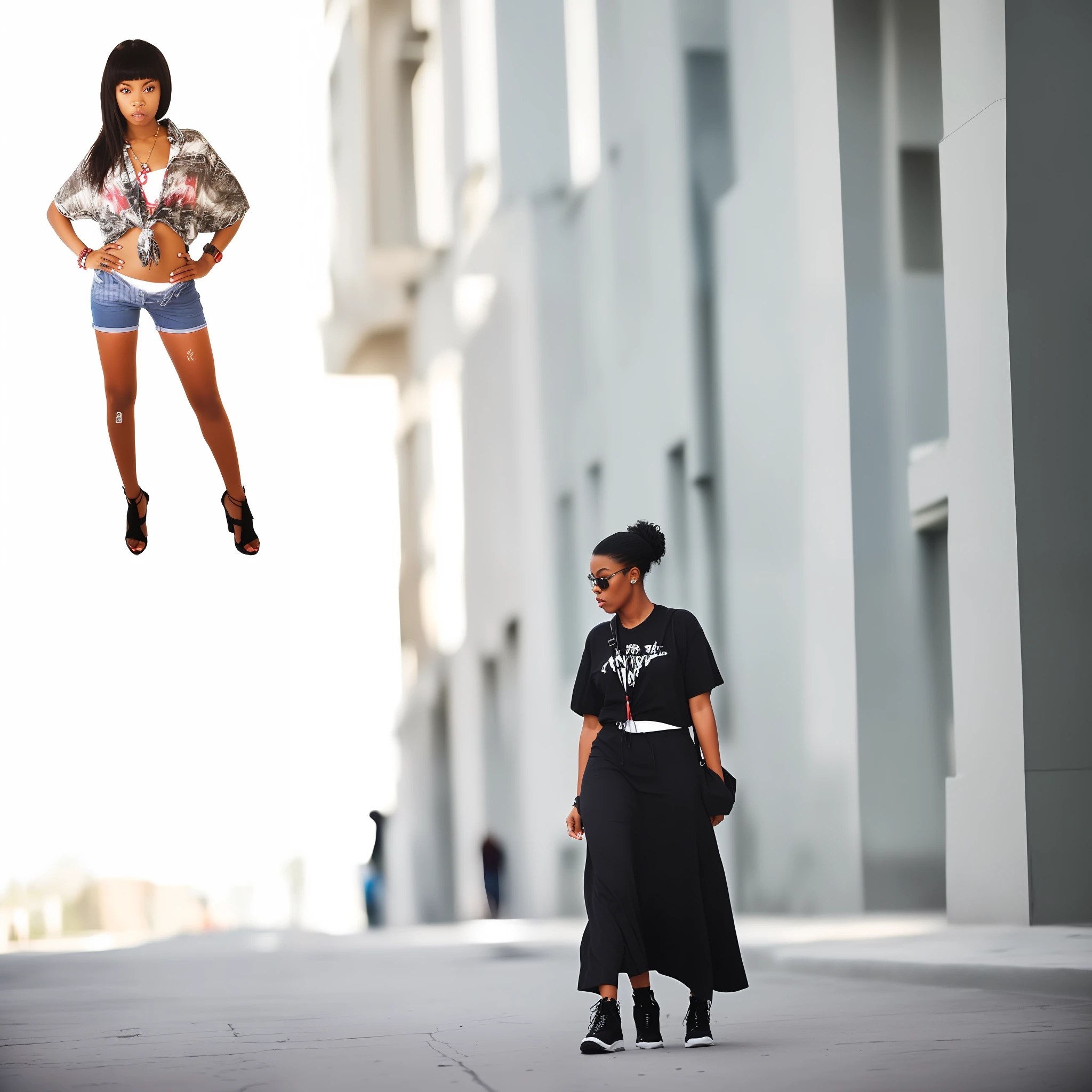 Entire body of an African-American woman walking the streets of a futuristic city, Top Quality, illumination et ombre parfaites, Angle dynamique, casual wear "streetwear", regard confiant. 8k brignt et glamour