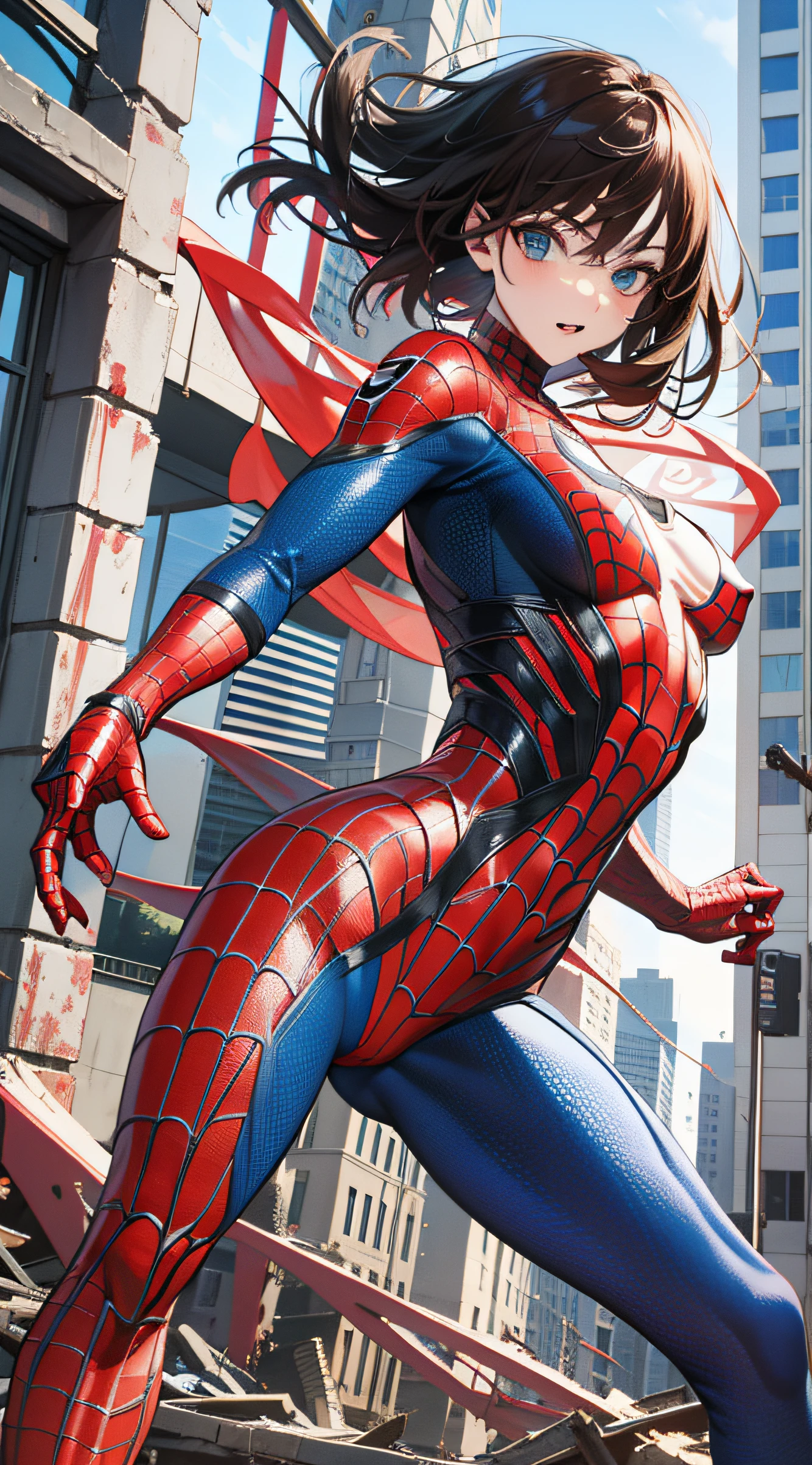 （（（optimal quality））），（（（superdetailed））），（（（masterpaintings））），（（（manga book））），Cool female superhero，Female Spider-Man，The action is exaggerated and handsome，Spider-Man's signature move，Dynamic，Voice bubbles，Fighting，bang between eyes，The background is the ruins of the city after the Great War，Cinematic graphics。