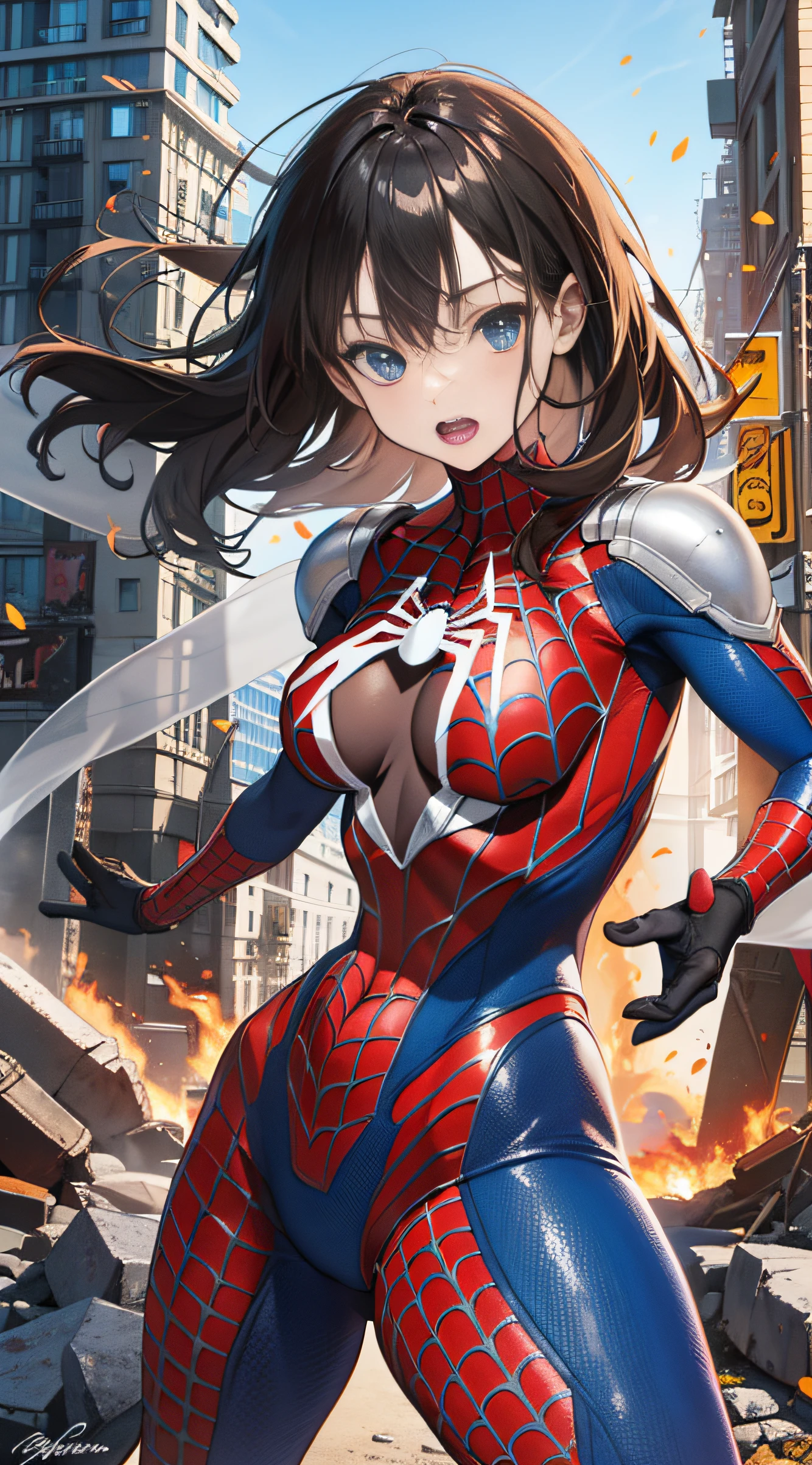 （（（optimal quality））），（（（superdetailed））），（（（masterpaintings））），（（（manga book））），Cool female superhero，Female Spider-Man，The action is exaggerated and handsome，Spider-Man's signature move，Dynamic，Voice bubbles，Fighting，bang between eyes，The background is the ruins of the city after the Great War，Cinematic graphics。