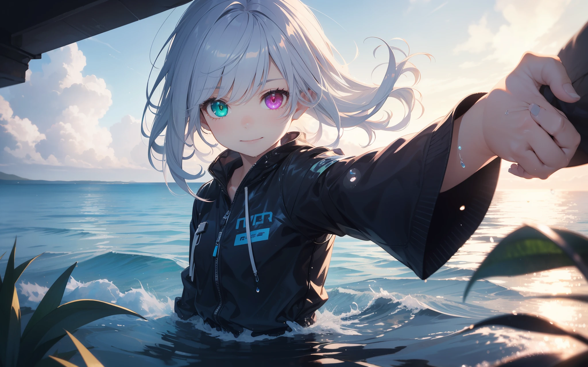 sthe highest qualit、photo-realistic、Super Detail、delicated、orderly、High Detail、bluish silver ponytail、(Drooping heterochromia iris:1.3)、a child、10years old、ashamed、smilling face、Slender、Cowboy-shot、Blurred background、(1 girl:1.1)、game cg、Dynamic angles、(Bioluminescent hair、Glowing eyes:1.2)、ambient occlusion、Ambient Light、Ray-traced reflections、Glow、Shining aura、shiny hair、summer、sea、Reflection Photos、Sky reflected on the surface of the water、horizon、Backlight、Images of only the sky and sea、Wet