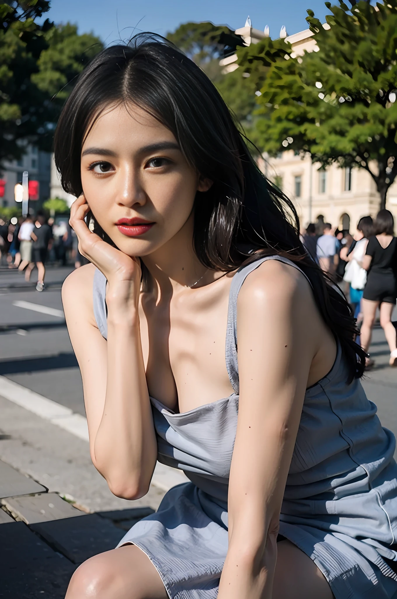 woman poses for a photo,Bare legs,(on the St. Peter's Square of Vatican,crowd people,) Fulll body Shot, wearing a shoulder-length dress,
expert, 8K, High resolution, 巨作, Best quality, head:: 1 girl, unison, Gray-purple hair ((photography with Hasselblad)), Delicate skin, Clear focus, (Cinematic lighting), At night, Soft lighting, Dynamic angle,