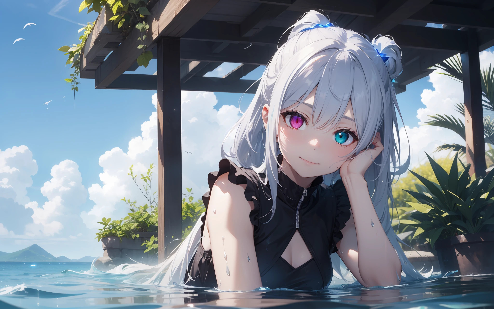sthe highest qualit、photo-realistic、Super Detail、delicated、orderly、High Detail、bluish silver ponytail、(Drooping heterochromia iris:1.3)、a child、10years old、ashamed、smilling face、Slender、Cowboy-shot、Blurred background、(1 girl:1.1)、game cg、Dynamic angles、(Bioluminescent hair、Glowing eyes:1.2)、ambient occlusion、Ambient Light、Ray-traced reflections、Glow、Shining aura、shiny hair、summer、sea、Reflection Photos、Sky reflected on the surface of the water、horizon、Backlight、Images of only the sky and sea、Wet