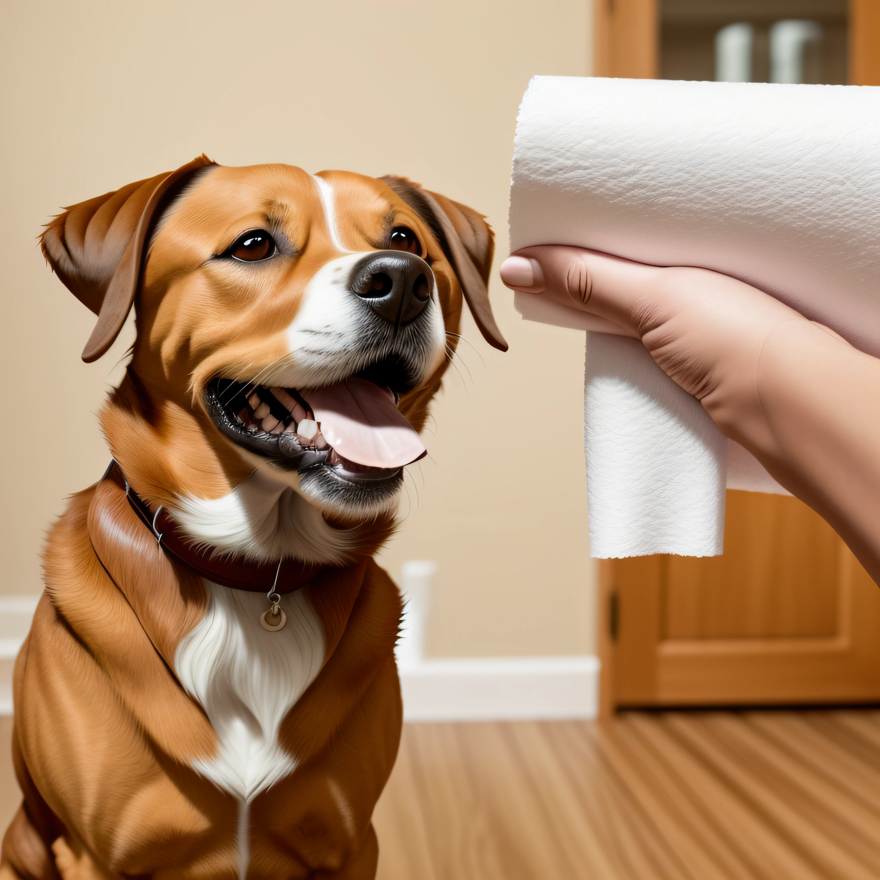 Anthropomorphic cartoon dog, paper towel rubbing face, happy enjoyment expression --auto