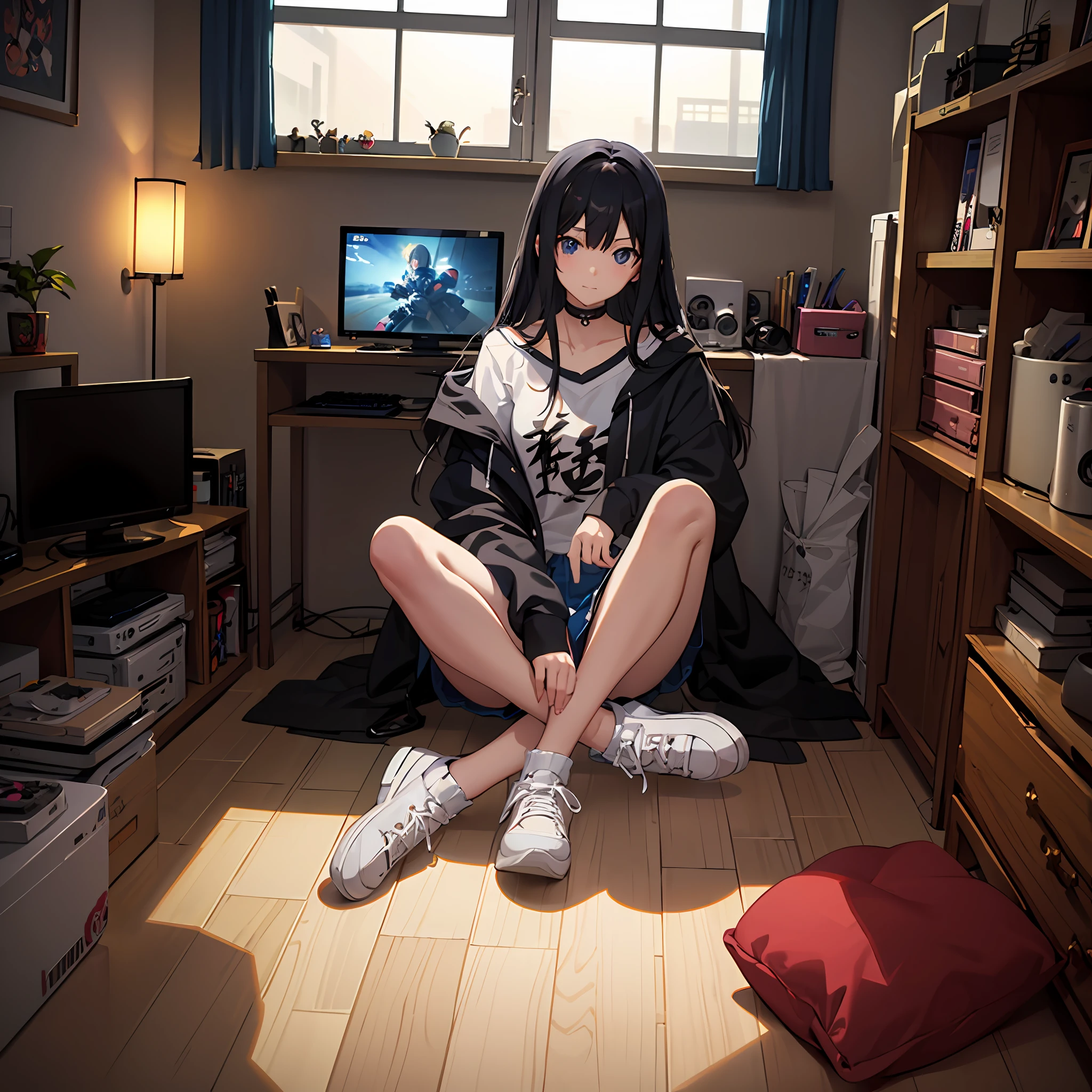 Create an image in the anime Mappa Studio featuring a detailed depiction of a girl sitting in the floor of her bedroom. The image should capture the essence of a typical Japanese ager's room, filled with electronics, video games, computers, and manga. Pay attention to the character's appearance, clothing, and the vibrant color palette. --auto