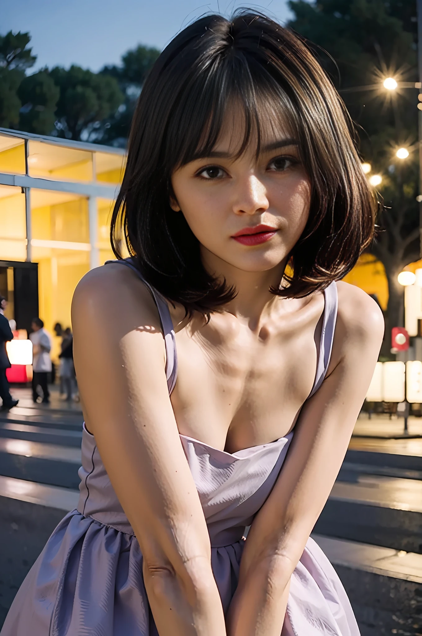 woman poses for a photo,Bare legs,(on the St. Peter's Square of Vatican,crowd people,) Fulll body Shot, wearing a shoulder-length dress,
expert, 8K, High resolution, 巨作, Best quality, head:: 1 girl, unison, Gray-purple hair ((photography with Hasselblad)), Delicate skin, Clear focus, (Cinematic lighting), At night, Soft lighting, Dynamic angle,