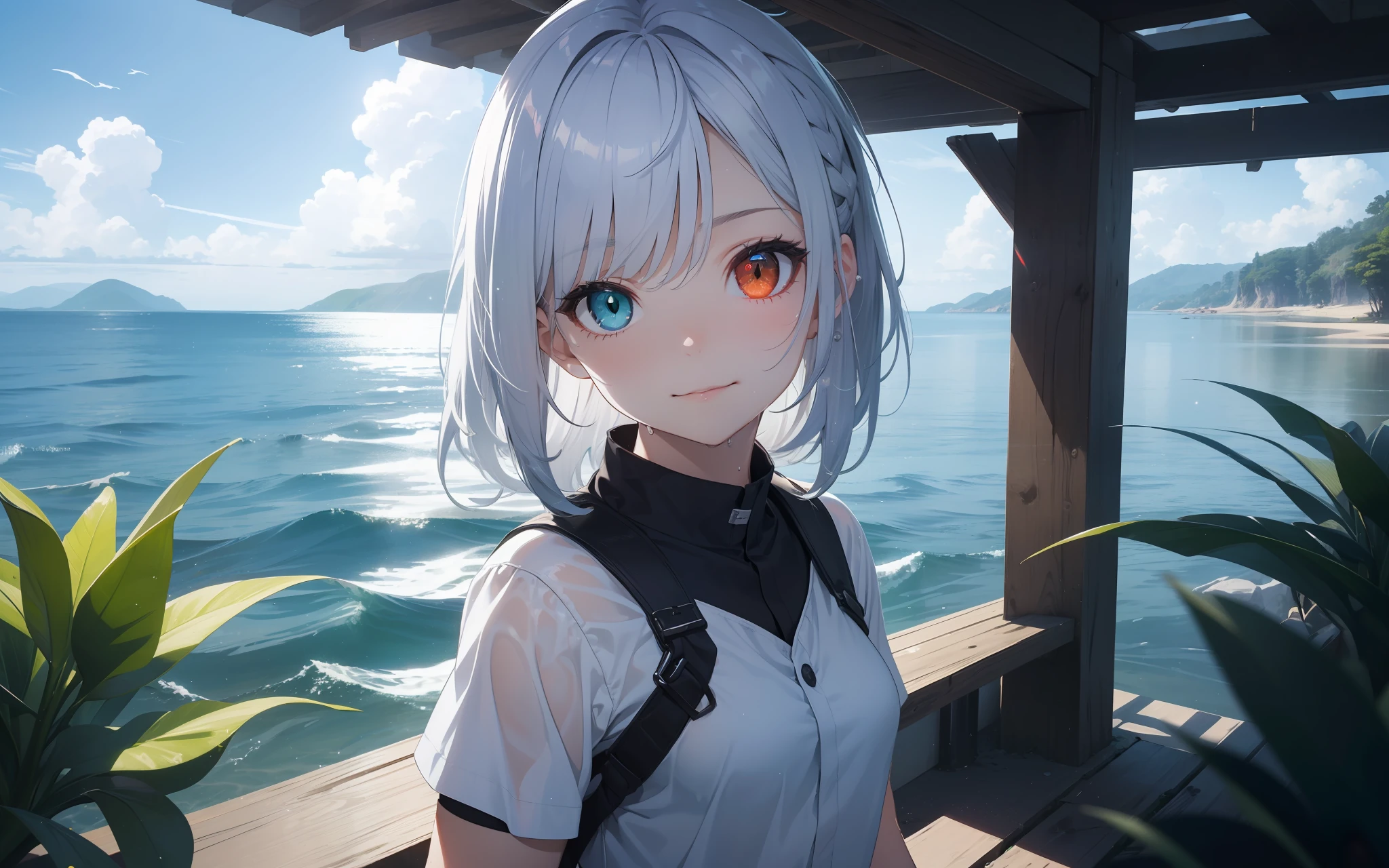 sthe highest qualit、photo-realistic、Super Detail、delicated、orderly、High Detail、bluish silver ponytail、(Drooping heterochromia iris:1.3)、a 、10yeaashamed、smilling face、Slender、Cowboy-shot、Blurred background、(1 girl:1.1)、game cg、Dynamic angles、(Bioluminescent hair、Glowing eyes:1.2)、ambient occlusion、Ambient Light、Ray-traced reflections、Glow、Shining aura、shiny hair、summer、sea、Reflection Photos、Sky reflected on the surface of the water、horizon、Backlight、Images of only the sky and sea、Wet