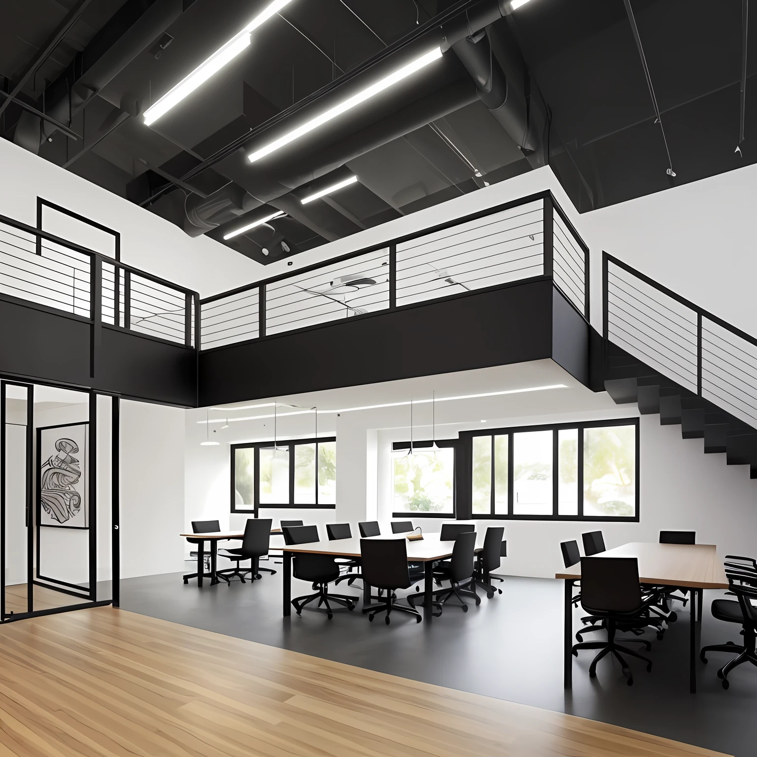 "/imaginar: um hub para arquitetos e designers, com estilo minimalista, contemporary and elegant, com cores neutras. There is a sample room of coatings, modern workstations, copa, meeting room, Mezzanine accessible by an apparent staircase, framed by various decorative paintings on the walls. The atmosphere is well lit and cozy for work or meetings."