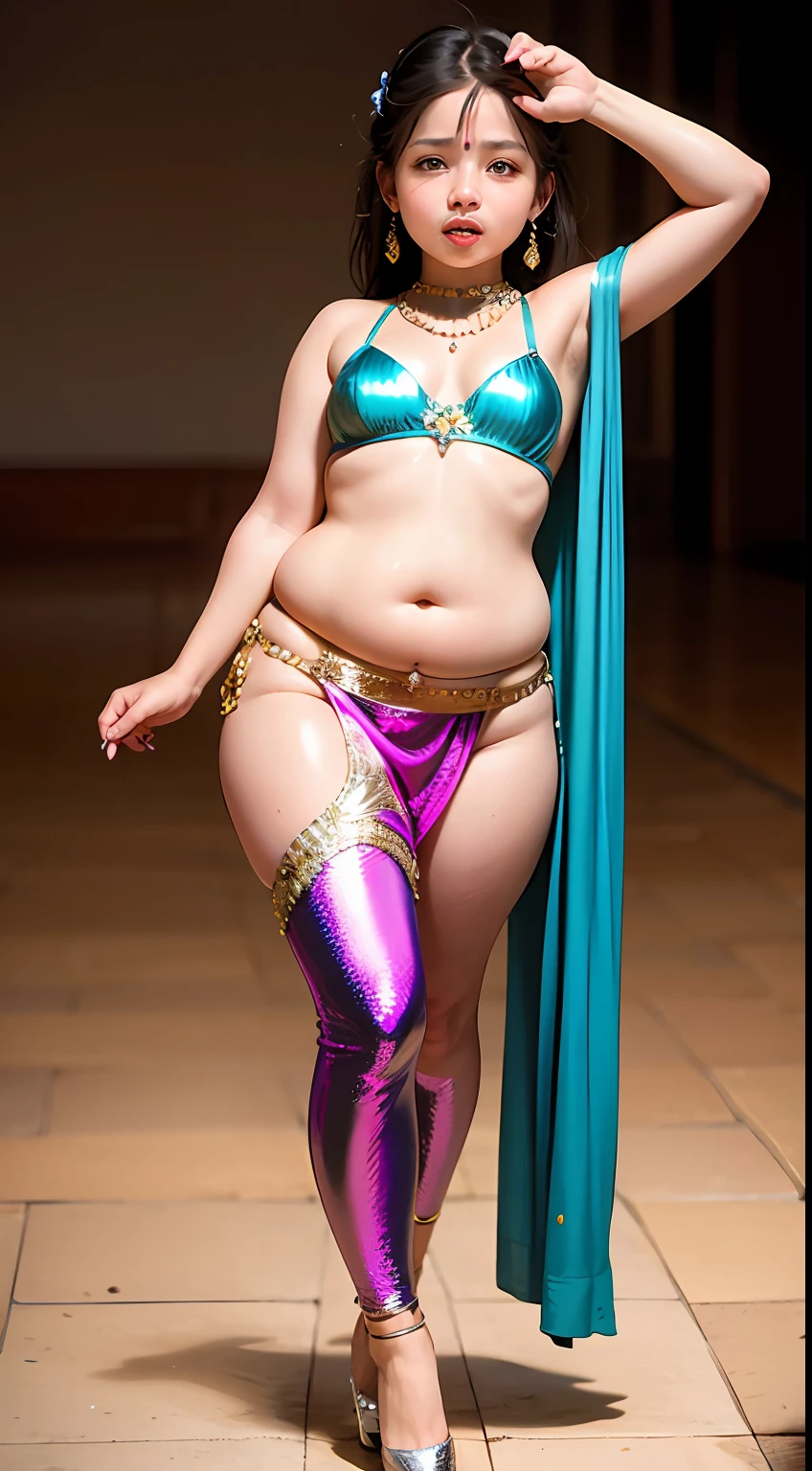 perfect face (chubby child) in bra and saree wlop perfect full HDR body exposed midriff highleg (flat chest) curvy indian armpits bellydancer 8k chubby high res knees ankles , royal skimpy underwear, cleavage (shiny skin:1.7) depth of field (full body shot) (high heels) (nsfw:0.5)