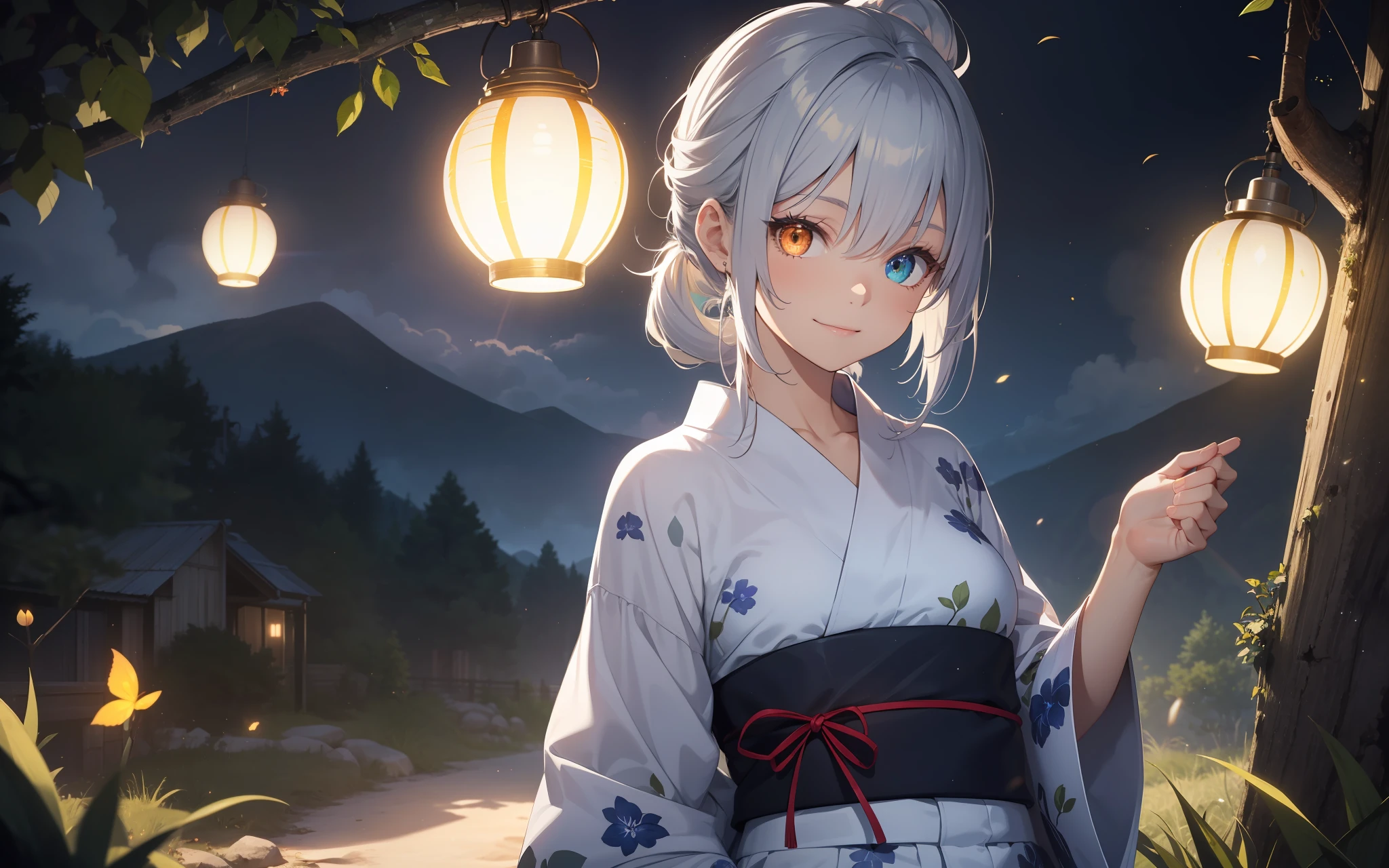 Top quality, photorealistic, super detailed, delicate, orderly, high detail, bluish-silver ponytail, (drooping heterochromia iris: 1.3), 10 years old, embarrassing, smile, slender, cowboy shot, blurred background, (1 girl: 1.1), game CG, dynamic angle, (bioluminescent hair, glowing eyes: 1.2), ambient occlusion, ambient light, ray trace reflection, glow, glowing aura, glowing hair, in the mountains, yukata, fireflies, fantastic light, fantastic firefly light