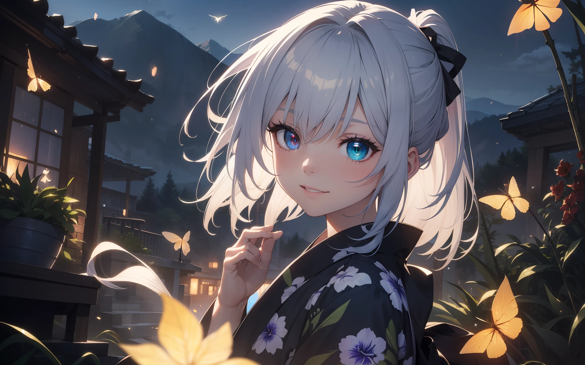 Top quality, photorealistic, super detailed, delicate, orderly, high detail, bluish-silver ponytail, (drooping heterochromia iris: 1.3), , embarrassing, smile, slender, cowboy shot, blurred background, (1 girl: 1.1), game CG, dynamic angle, (bioluminescent hair, glowing eyes: 1.2), ambient occlusion, ambient light, ray trace reflection, glow, glowing aura, glowing hair, in the mountains, yukata, fireflies, fantastic light, fantastic firefly light