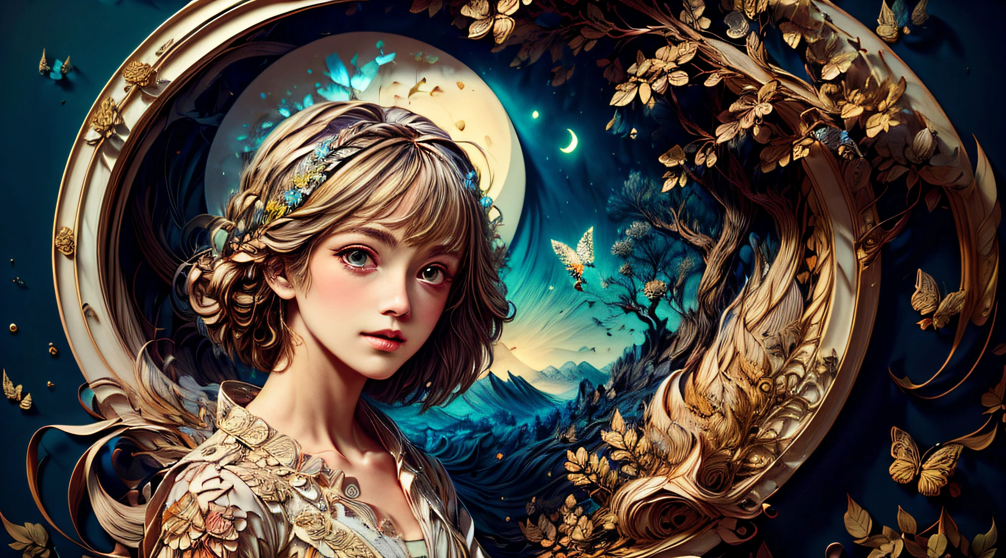 ((((masterpiece))), best quality, illustrations, beautiful details glow,
paper_cut, girl face details clear to the camera, tree, moon, butterfly,