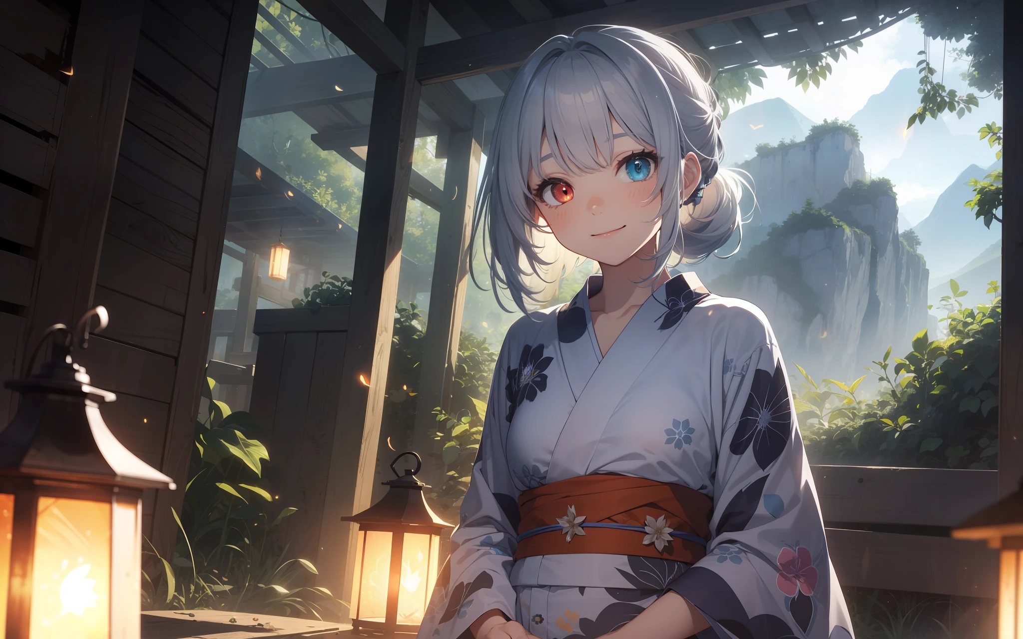 Top quality, photorealistic, super detailed, delicate, orderly, high detail, bluish-silver ponytail, (drooping heterochromia iris: 1.3), , embarrassing, smile, slender, cowboy shot, blurred background, (1 girl: 1.1), game CG, dynamic angle, (bioluminescent hair, glowing eyes: 1.2), ambient occlusion, ambient light, ray trace reflection, glow, glowing aura, glowing hair, in the mountains, yukata, fireflies, fantastic light, fantastic firefly light