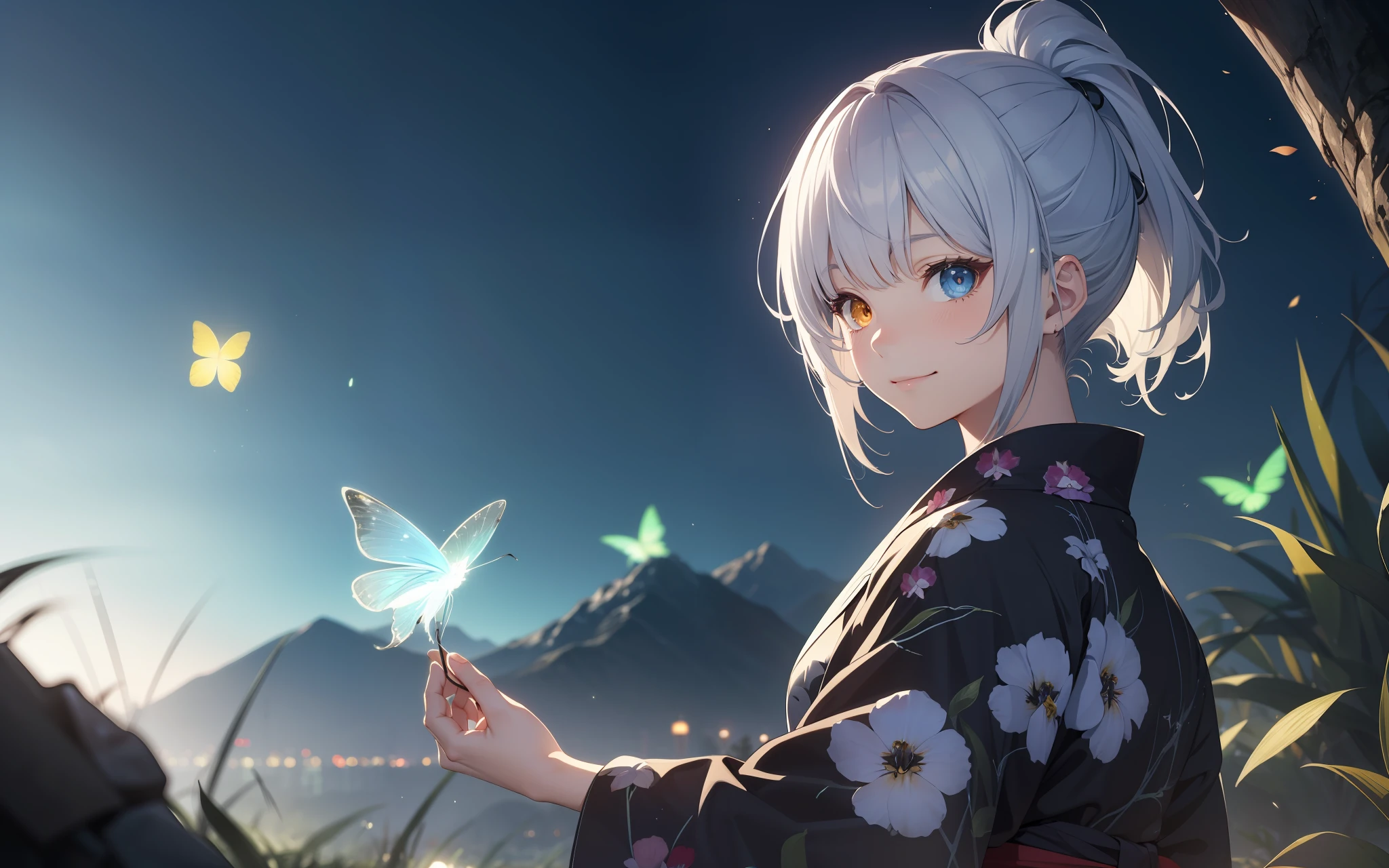 Top quality, photorealistic, super detailed, delicate, orderly, high detail, bluish-silver ponytail, (drooping heterochromia iris: 1.3), 10 years old, embarrassing, smile, slender, cowboy shot, blurred background, (1 girl: 1.1), game CG, dynamic angle, (bioluminescent hair, glowing eyes: 1.2), ambient occlusion, ambient light, ray trace reflection, glow, glowing aura, glowing hair, in the mountains, yukata, fireflies, fantastic light, fantastic firefly light