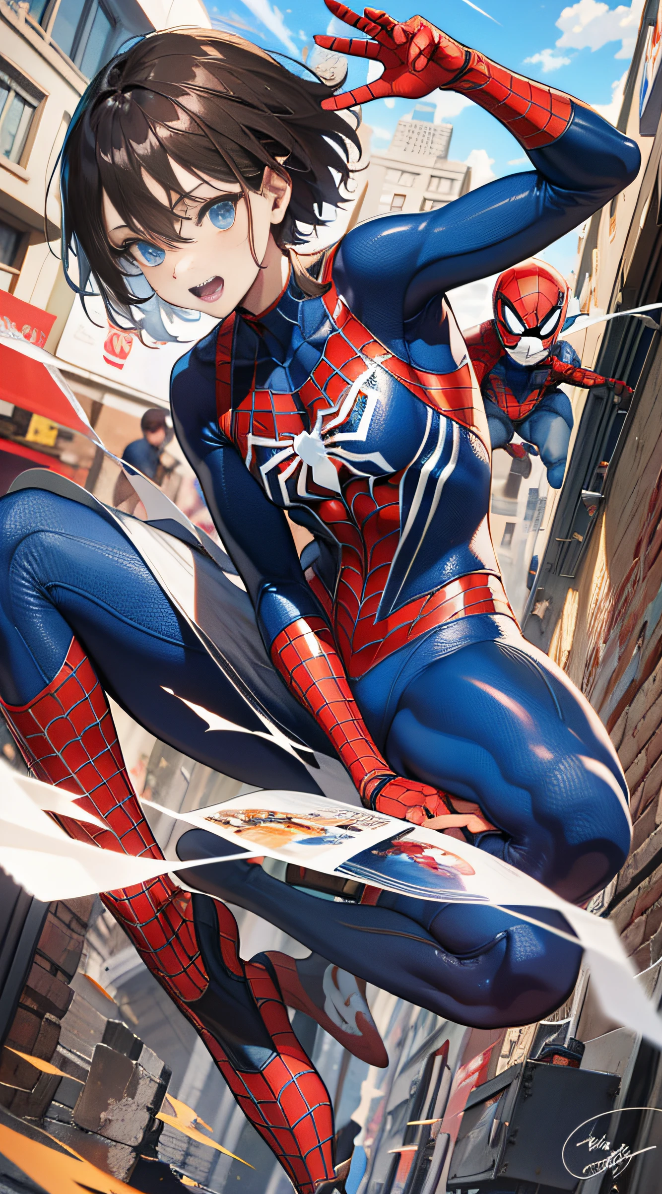 （（（optimal quality））），（（（superdetailed））），（（（masterpaintings））），（（（manga book））），Cool female superhero，Female Spider-Man，The action is exaggerated and handsome，Spider-Man's signature move，Dynamic，Voice bubbles，Fighting，bang between eyes，The background is the ruins of the city after the Great War，Cinematic graphics。