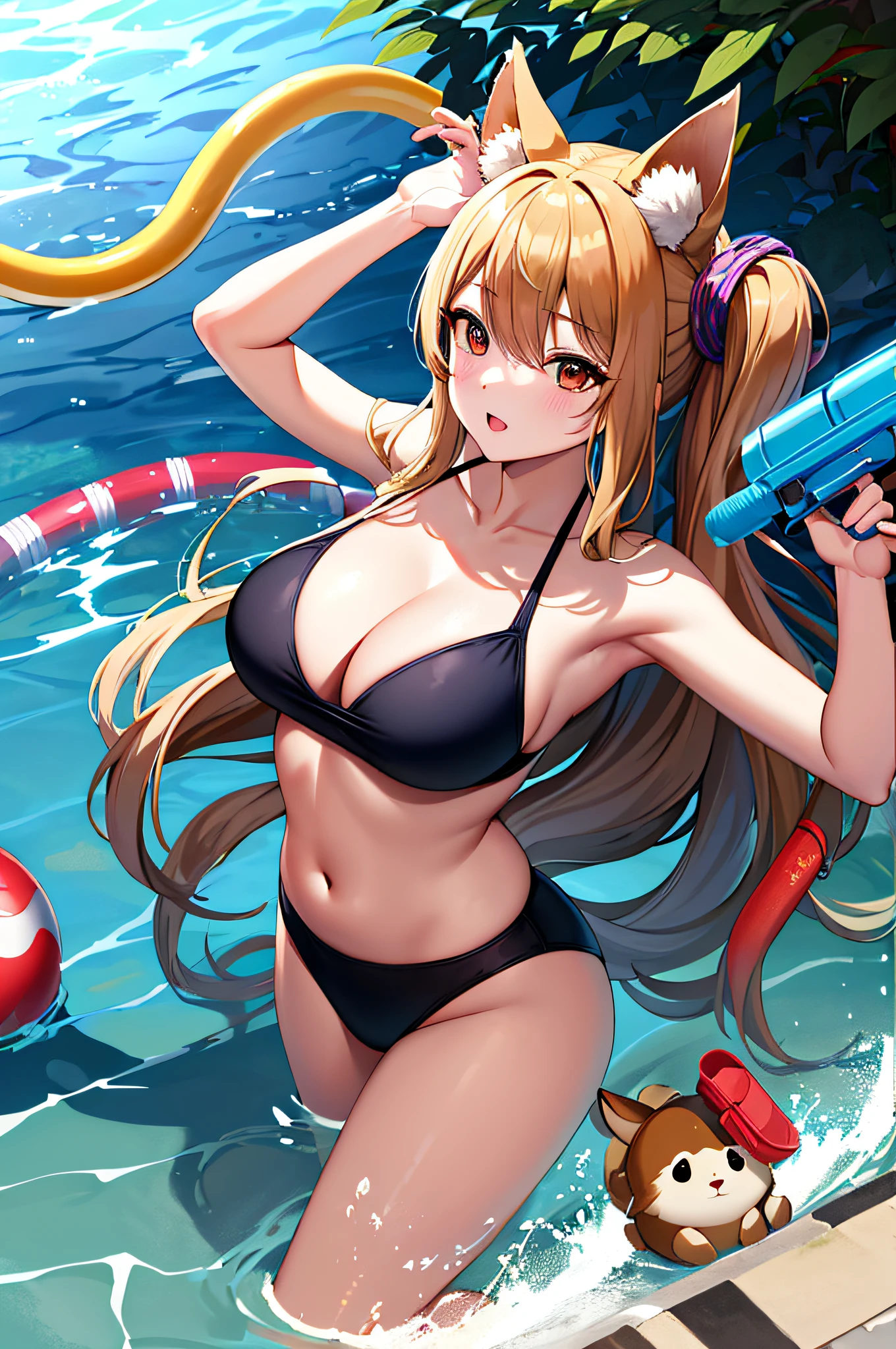 Best picture quality.4K, extreme hight detail，League of Legends Tanuki，Ali，fox ear，Eight fox tails，pools of water，water gun，Swimming rings ，Orbs of Magic，swimsuiti。Blue and red magic orbs，Yao。