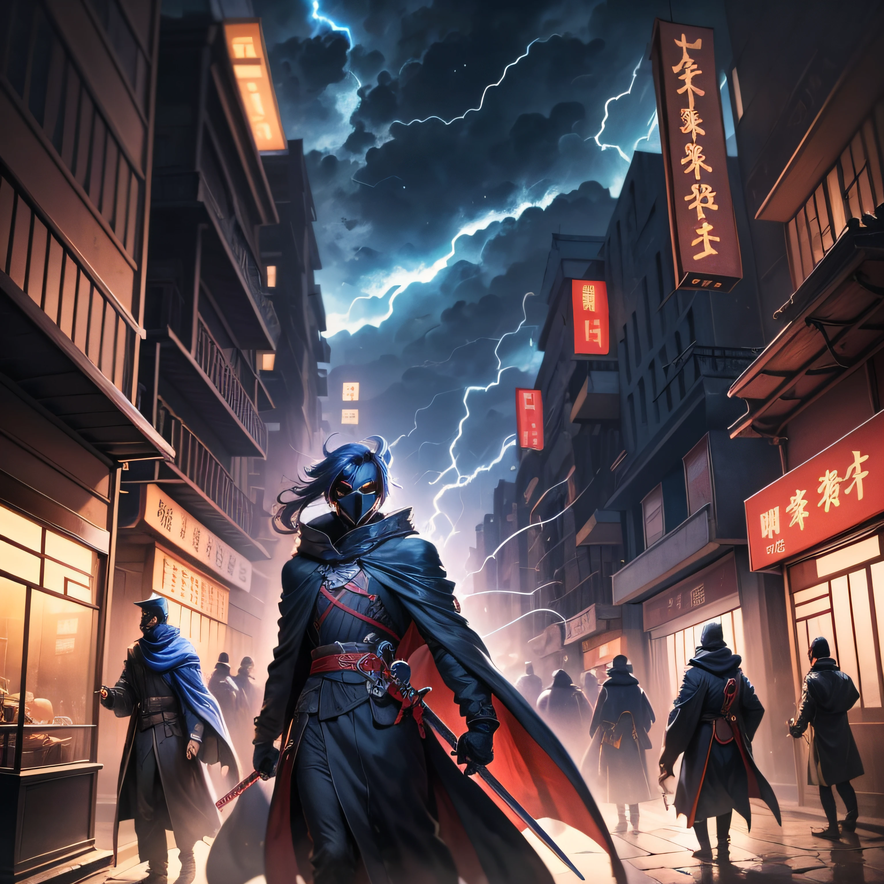Ancient Chinese architecture，Streets，Night，Many people are fighting in the distance，An anime boy，With a cloak，Wearing a black coat，With a black mask，With a long sword in his hand，Ancient Chinese architecture，Ultra-long viewing angle，Sky lightning