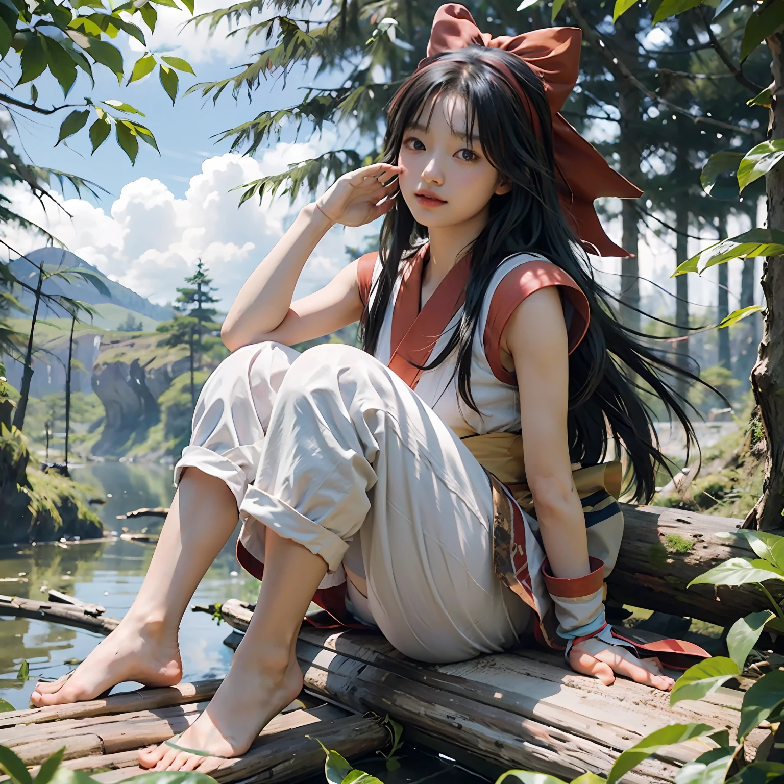 巨作, 最好质量,1girl in, Sitting on a log、Lake under the log、Red bow, bow, length hair, Hair Bow, ainu clothes, 独奏, Hair Band, a bird, black har, Fingerless gloves, Half-sleeved, gloves, sash, Underpants, bangss, red hairband, arma, tits, Brown-eyed, White pants, (Foot Focus、Naked foot、tiptoes、Sole of one's feet:1.2)、Komono, Nakoruru, lightl smile, Official art, from frontal、from from below、(dynamic angle)、nature backdrop, Serve、Onmyoji style、Hi-Def、Dramatic lighting and shadows、Solar flares、Blurred foreground