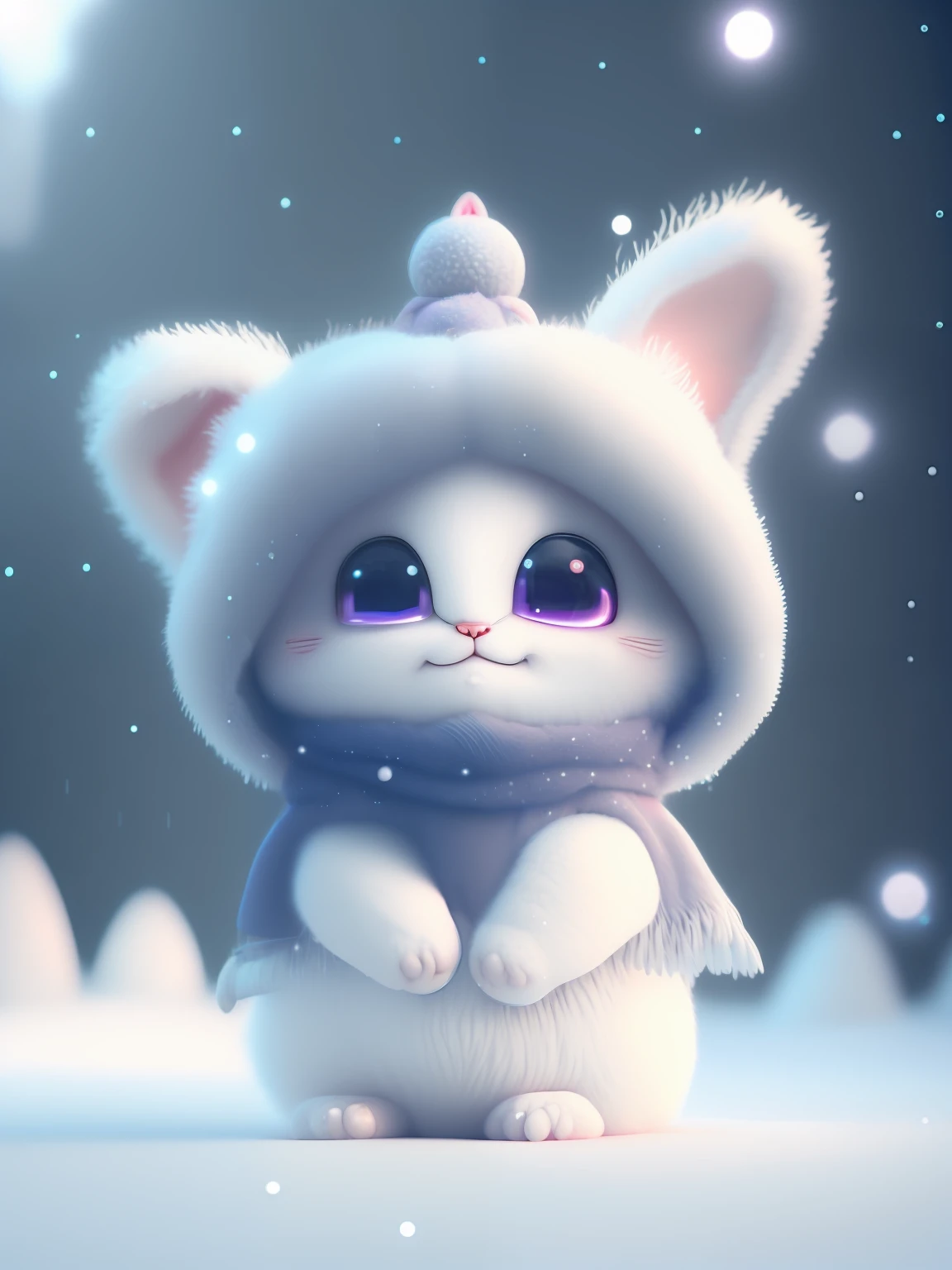 a cute little cat+Snow-white furry,Big bright eyes,A sweet smile,A sweet smile,Open-mouthed!!!,Dress up as a fashion model,Wearing a stylish suit with purple crystal texture,Hats and handbags,Snow white fluffy,Big bright eyes,Big bright eyes,to stand,Fluffy tail,Winter rises,The snow flutters gently,Extremely detailed 3D animation renders symmetrical center position, Super realistic, super detaill, posh, 3, cinematiclight, ultra clear details, Ultra-transparent material, Close up of, complex texture, octane rend, zbrush, 8K, Ultra-realistic UREAL