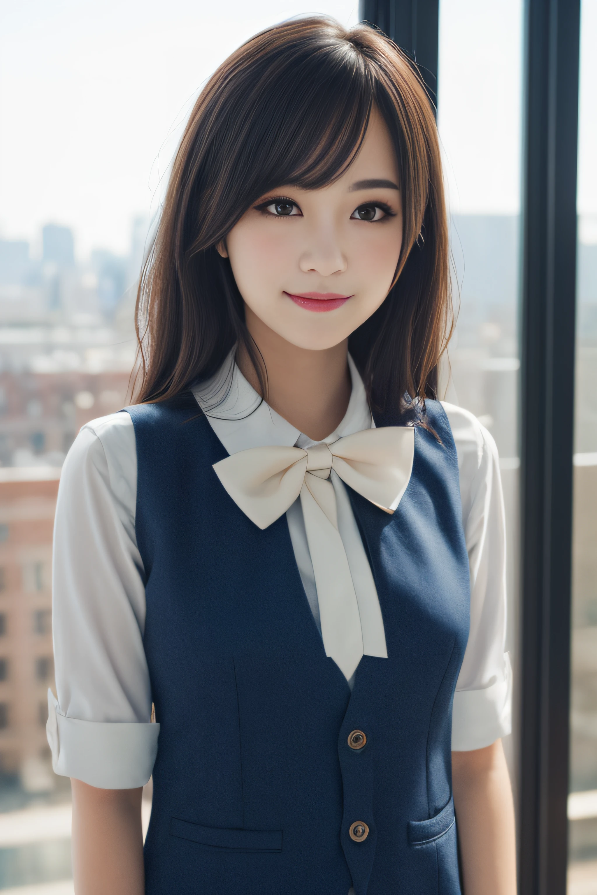 1girl, matured female, vest, bow, photo, realistic, best quality, hires, detailed face, office, buildings from window, detailed background, diffused sunlight, depth of field, bokeh