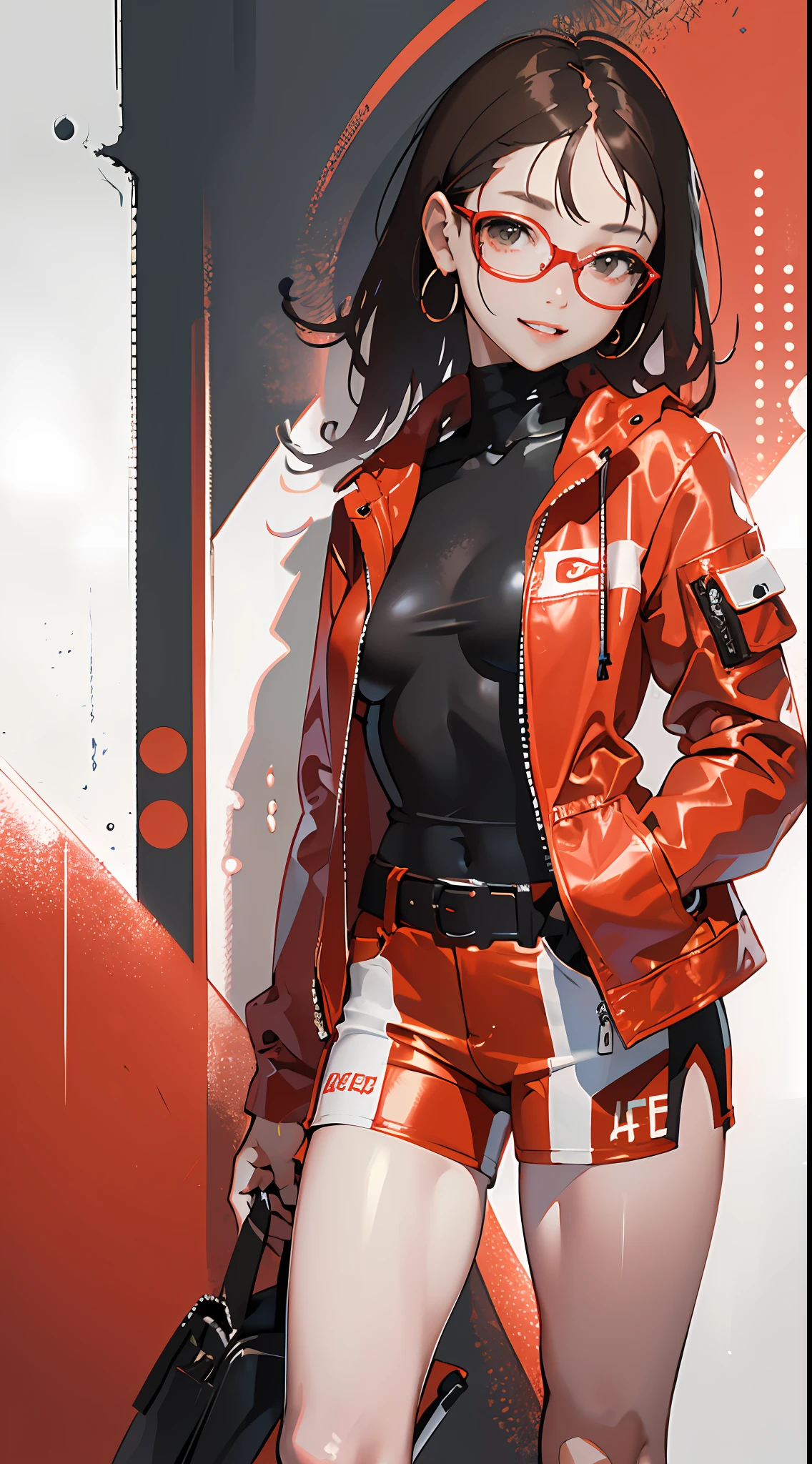 1girl, solo,underwaterbrown hair, brown eyes, parted lips, long sleeves, jacket, simple background, upper body, red background, looking at viewer, teeth, red jacket, lips, cosplay,  full body, smile，motorbike