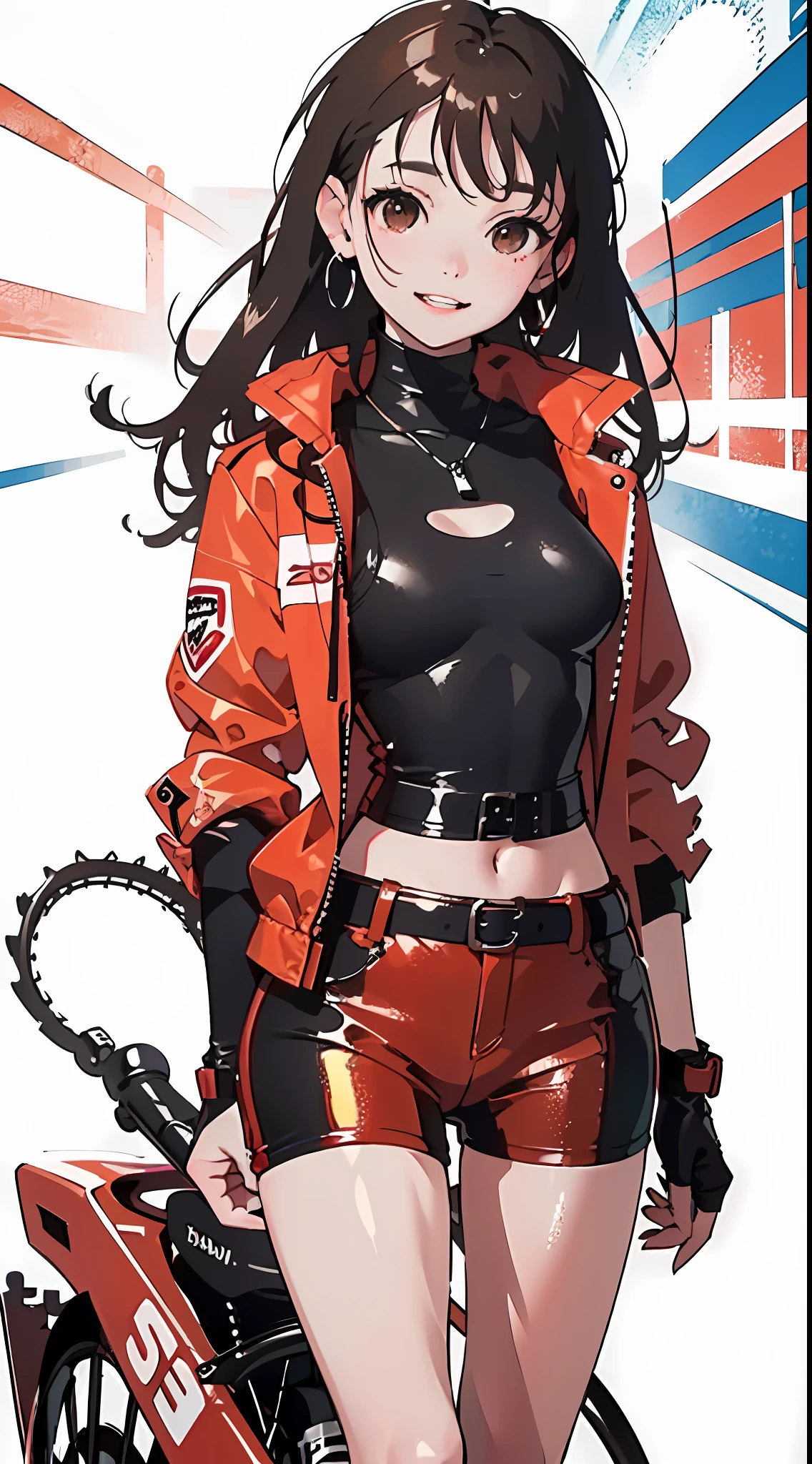 1girl, solo,underwaterbrown hair, brown eyes, parted lips, long sleeves, jacket, simple background, upper body, red background, looking at viewer, teeth, red jacket, lips, cosplay,  full body, smile，motorbike
