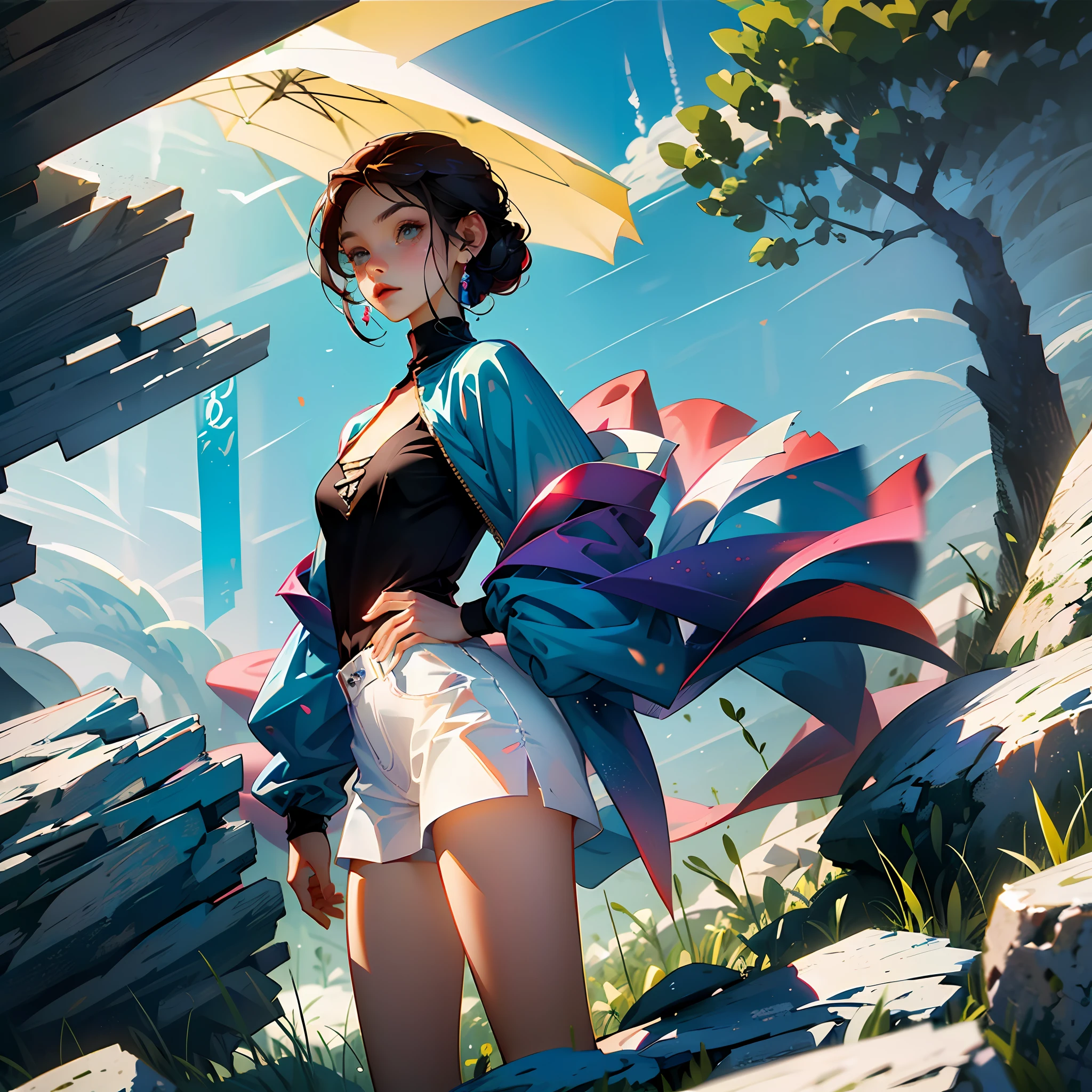 (bare-chested), Anime Girl, petite body, rote kurze Haare, (without underwear:1.2),(nur in einem knapper Minirock:1.5) --auto