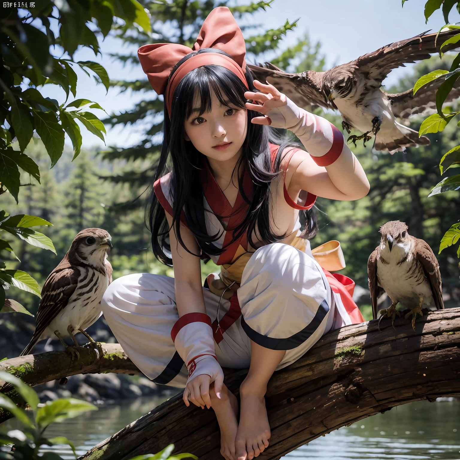 巨作, 最好质量,1girl in, Sitting on a log、Lake under the log、Red bow, bow, length hair, Hair Bow, ainu clothes, 独奏, Hair Band, a bird, black har, Fingerless gloves, Half-sleeved, gloves, sash, Underpants, bangss, red hairband, arma, tits, Brown-eyed, White pants, (Foot Focus、Naked foot、tiptoes、Sole of one's feet:1.2)、Komono, Nakoruru, lightl smile, Official art, from frontal、from from below、(dynamic angle)、nature backdrop, Serve、Onmyoji style、Hi-Def、Dramatic lighting and shadows、Solar flares、Blurred foreground