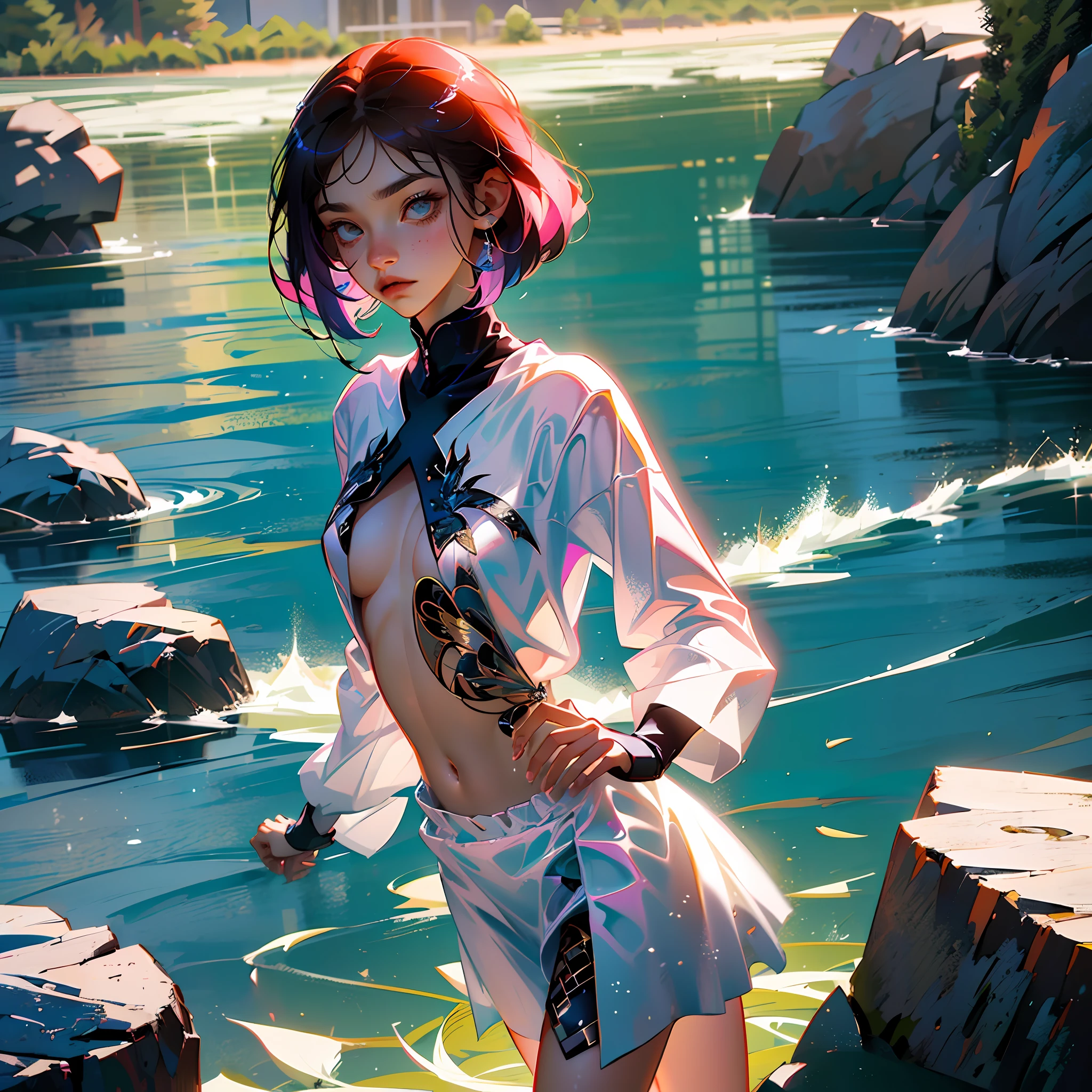 (bare-chested), Anime Girl, ite body, rote kurze Haare, (without underwear:1.2),(nur in einem knapper Minirock:1.5) --auto