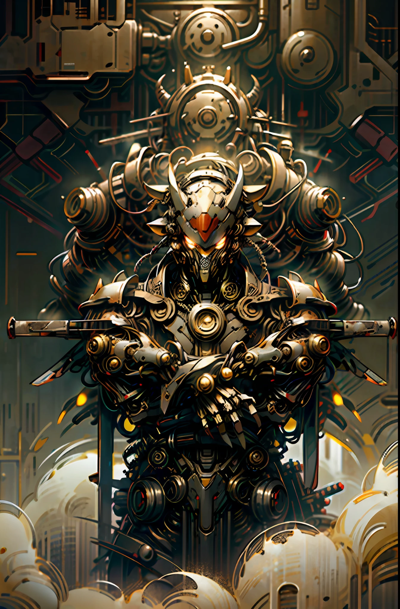 Dark_fantasy,Cyberpunk,(chainsaw,chainsawman,Red:1.1),1人,Mechanical marvel,Robotic presence,Cybernetic guardian,wearing a worn-out mech suit，intricated，（Steel metal[Rust]），elegantly，Clear focus，Photo by Greg Rutkowski，gentlesoftlighting，bright colour，masterpaintings，（（the street）），cow-boy shot，dynamicpose，Bronzed metallic finish，Colorful mechanical wings on the back，A giant mech with a sense of history