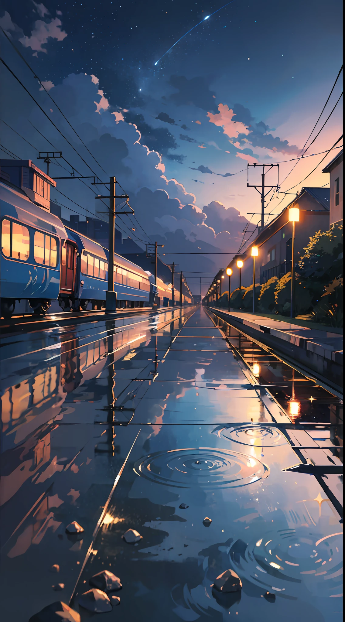 High quality masterpiece, landscape, anime train passing through bodies of water on tracks, bright starry sky. Romantic train, pixiv, concept art, lofi art style, reflection. by Makoto Shinkai, lofi art, Beautiful anime scene, Anime landscape, detailed scenery —width 672, in style of Makoto shinkai, style of Makoto shinkai, enhanced details.