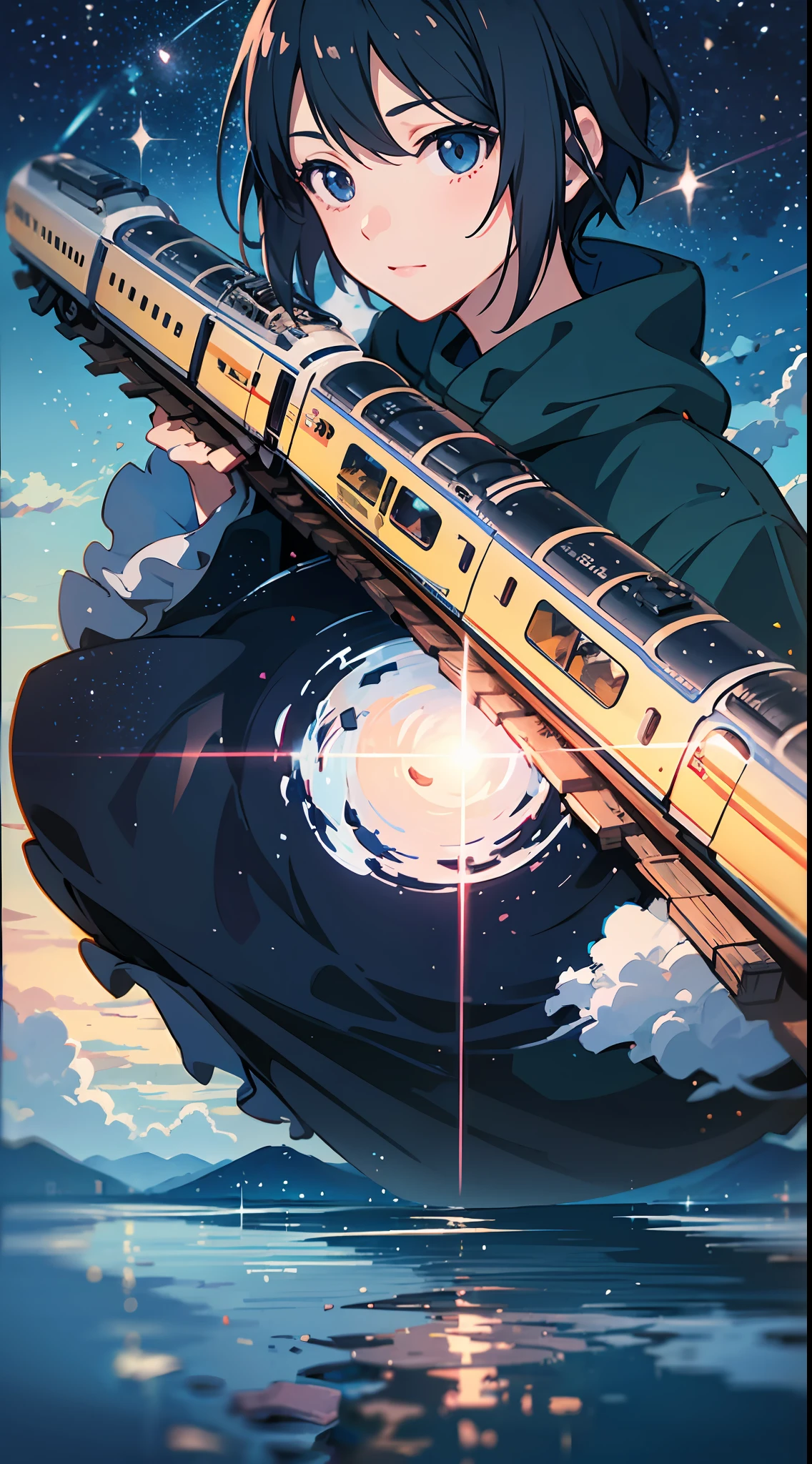 High quality masterpiece, landscape, anime train passing through bodies of water on tracks, bright starry sky. Romantic train, pixiv, concept art, lofi art style, reflection. by Makoto Shinkai, lofi art, Beautiful anime scene, Anime landscape, detailed scenery —width 672, in style of Makoto shinkai, style of Makoto shinkai, enhanced details.