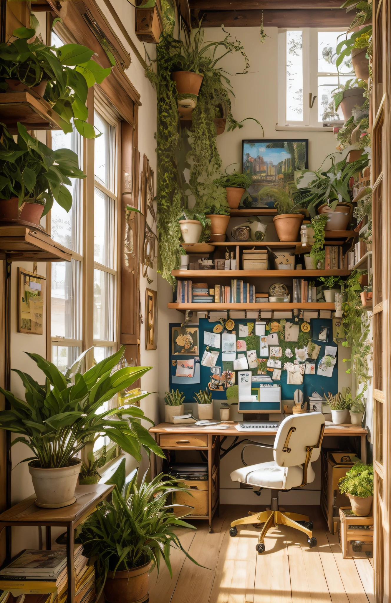 Architectural Digest photo of a maximalist green {vaporwave/steampunk/solarpunk} ((Home office)) with flowers and plants, golden light, hyperrealistic surrealism, award winning masterpiece with incredible details, epic stunning, many books