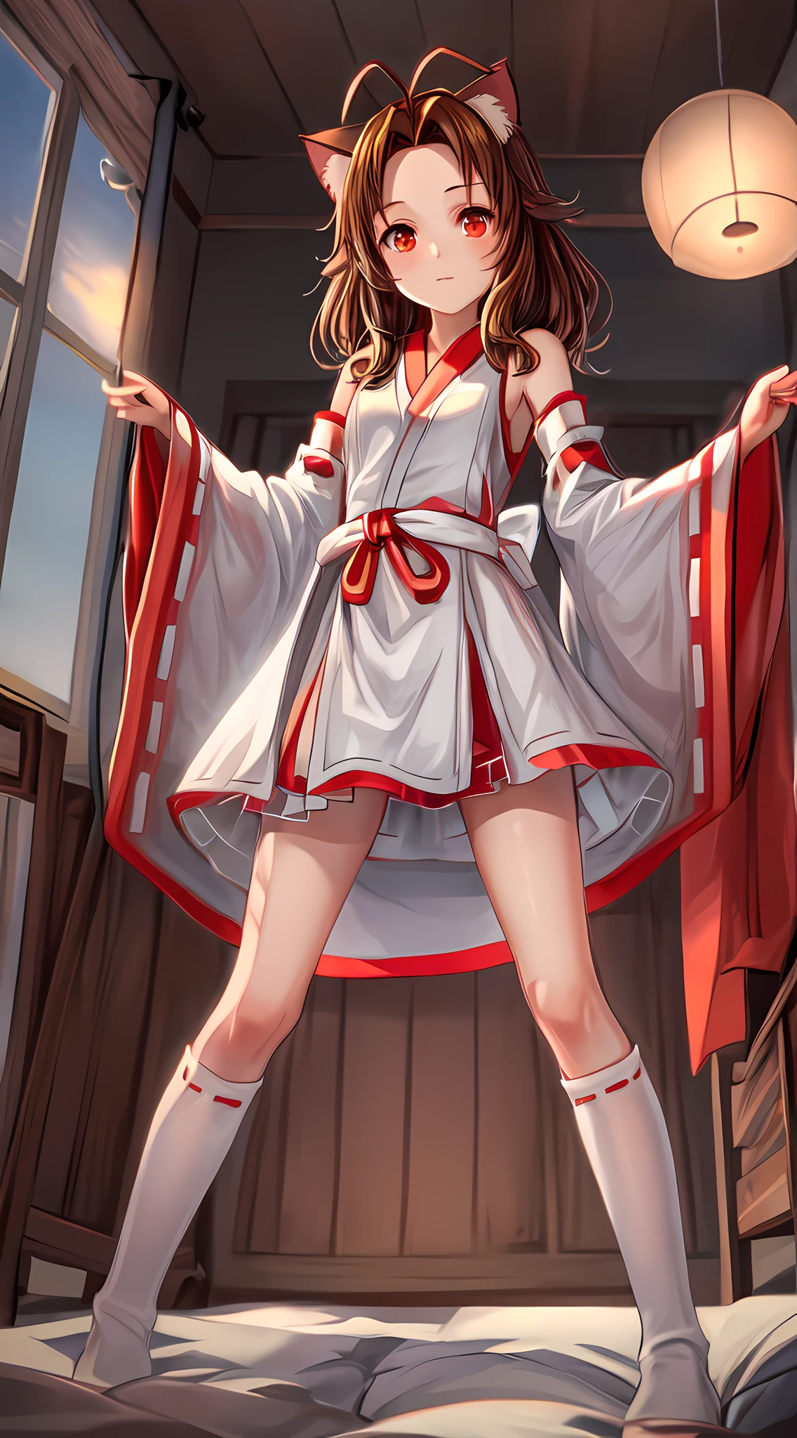 Maste Piece,Best Quality,from below,Full body,feet focus,Looking down,Solo Girl,Brown hair,Medium hair,Wave Hair,Antenna Hair,Forehead,Small breasts,Red eyes,Cat's ears,Hairpin,complex clother,miko clother,white leg warmers,Spread legs,spread arms,Beautiful legs,at bedroom,Anime style,Back lighting,crepuscular