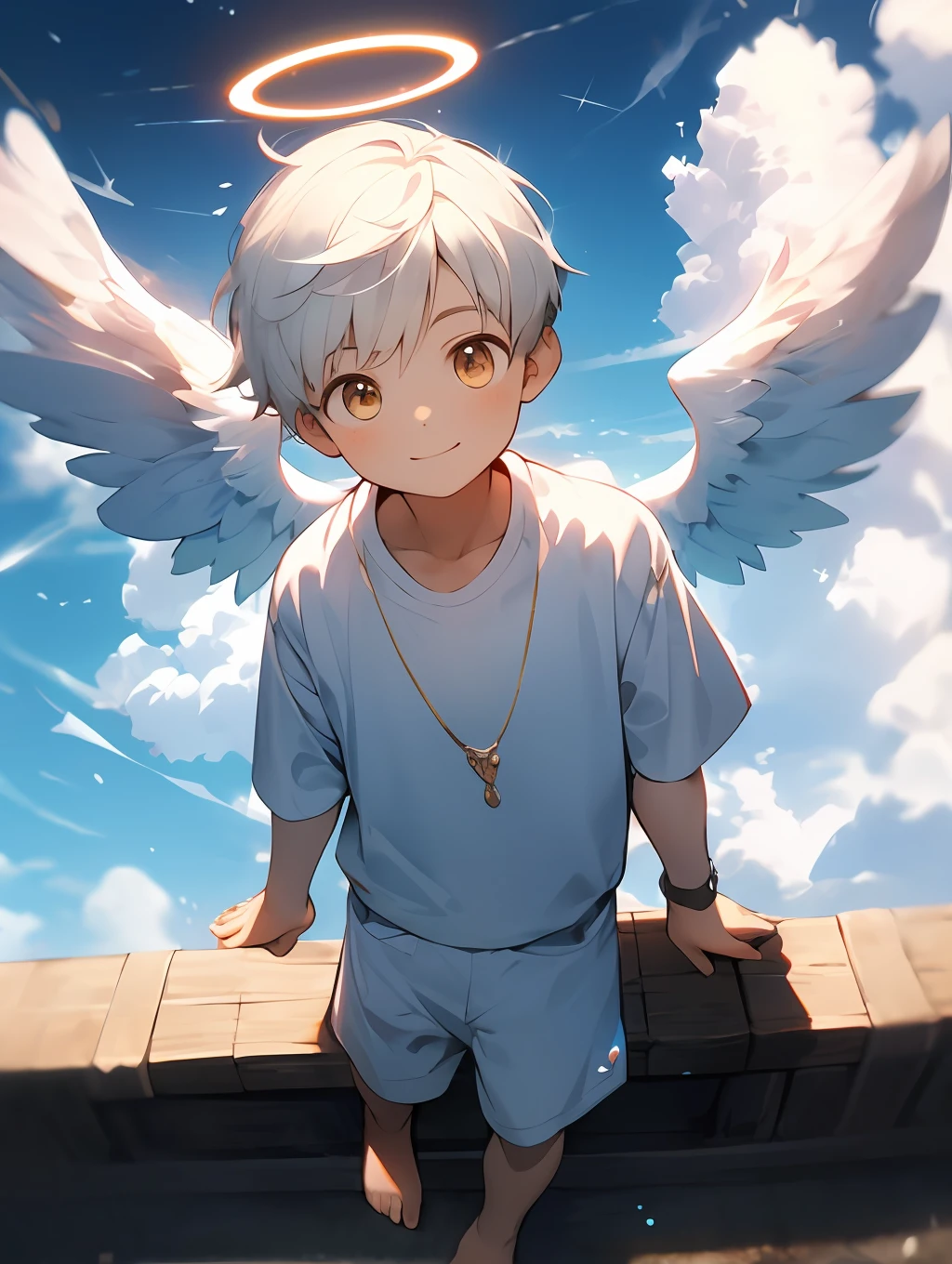 Shota，white color hair ，Q version，（ddlers，ba lovly， to stand， Master masterpieces， high resolucion，8K，detailedbackground，hightquality，Libido boy，（（（独奏））），(Angel wings，angelic halo，White clothes，A barefoot：0.6)，looking at the spectator，pov fpov，From above，Dreamlike，magical，baiyun，（Warm light source：1.2），upper sky，On the clouds，A happy expression