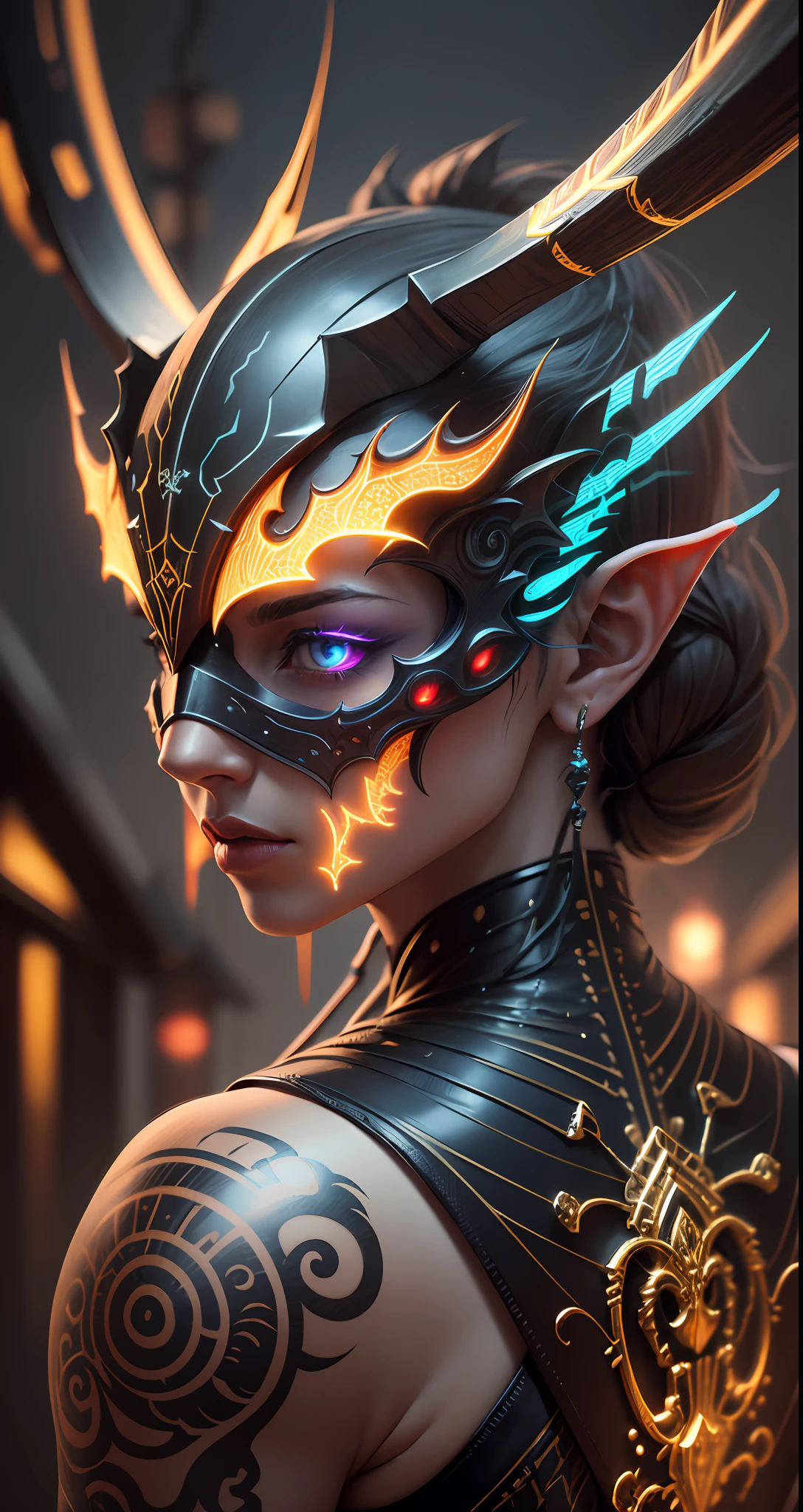 ancient skyrim dragon bone mask, complex ultra detailed tattood wood, rim lighting, colorful ornate details, piercing, intricate details, mesh wire, Mandelbrot fractal, anatomical, pipes, cable wires, tron, hyper realistic, ultra detailed, neon ambiance, volumetric lighting, 8k, detailed metallic bones, iridescent colors, --auto --s2