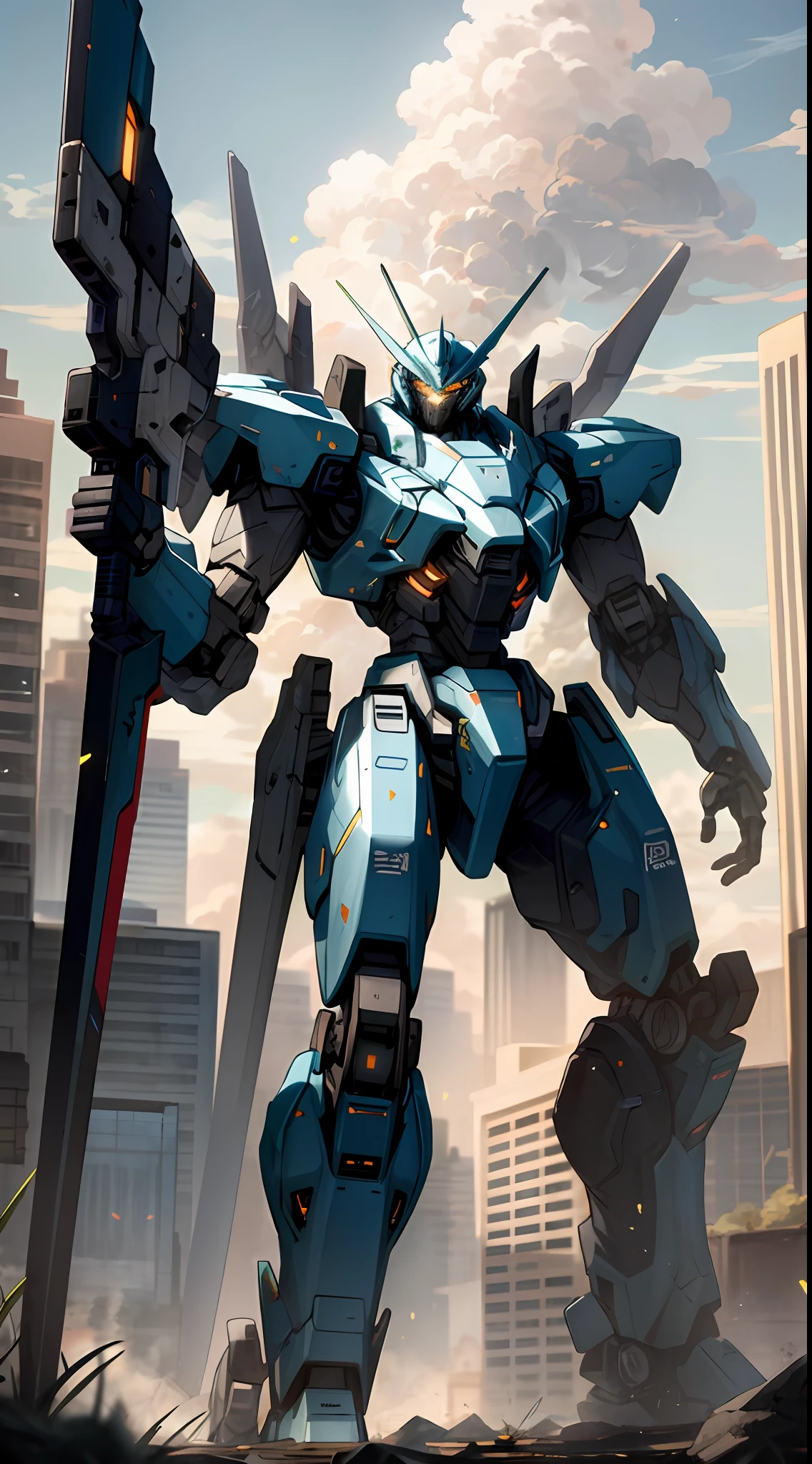 sky, cloud, holding_weapon, no_humans, glowing, , robot, building, glowing_eyes, mecha, science_fiction, city, realistic,mecha