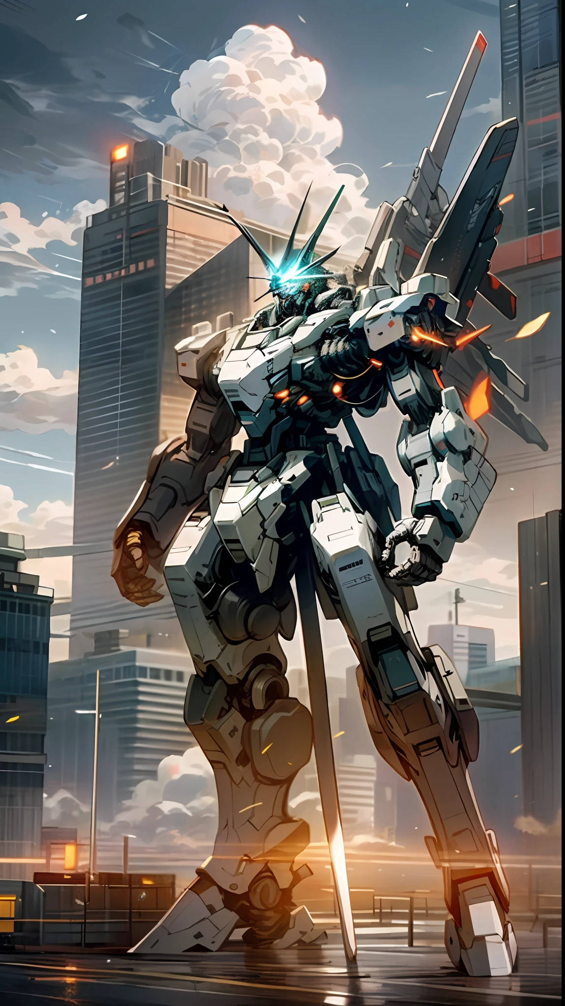 sky, cloud, holding_weapon, no_humans, glowing, , robot, building, glowing_eyes, mecha, science_fiction, city, realistic,mecha
