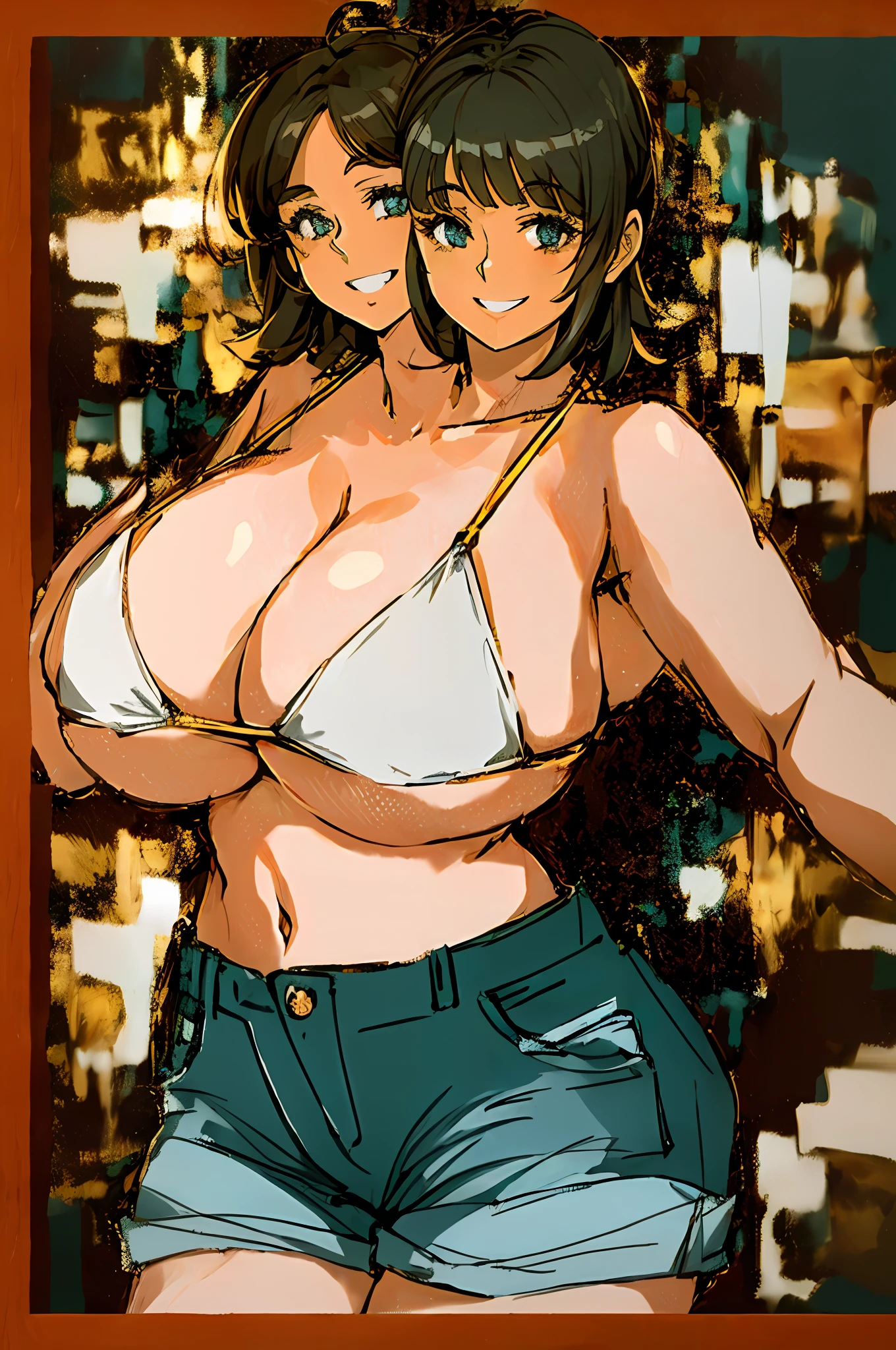 2heads, a chubby woman with 2 heads. She has enormous breasts. She is wearing a bright bikini top and jean shorts. She is smiling wide. She has gigantic breasts.