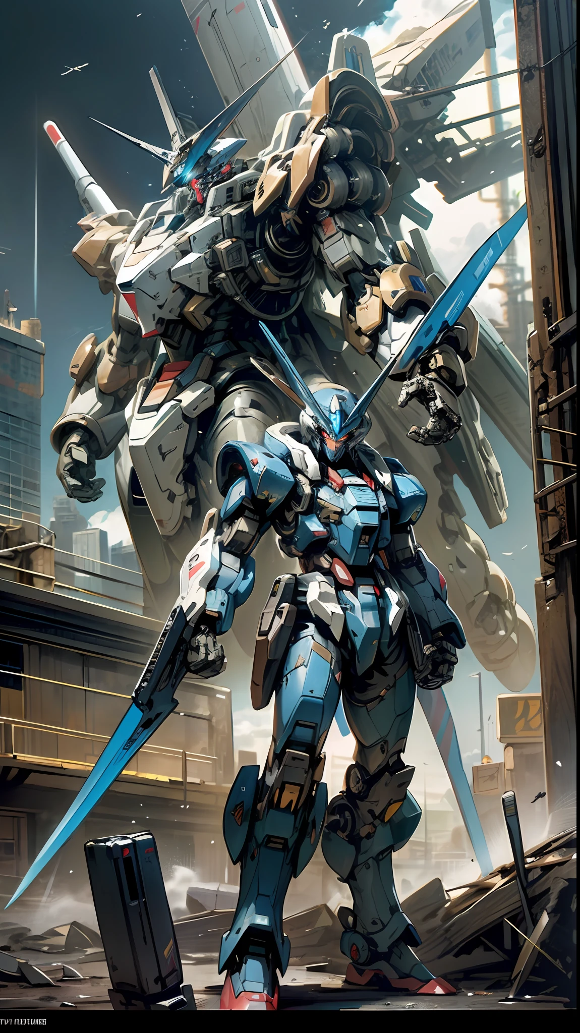 sky, cloud, holding_weapon, no_humans, glowing, , robot, building, glowing_eyes, mecha, science_fiction, city, realistic,mecha