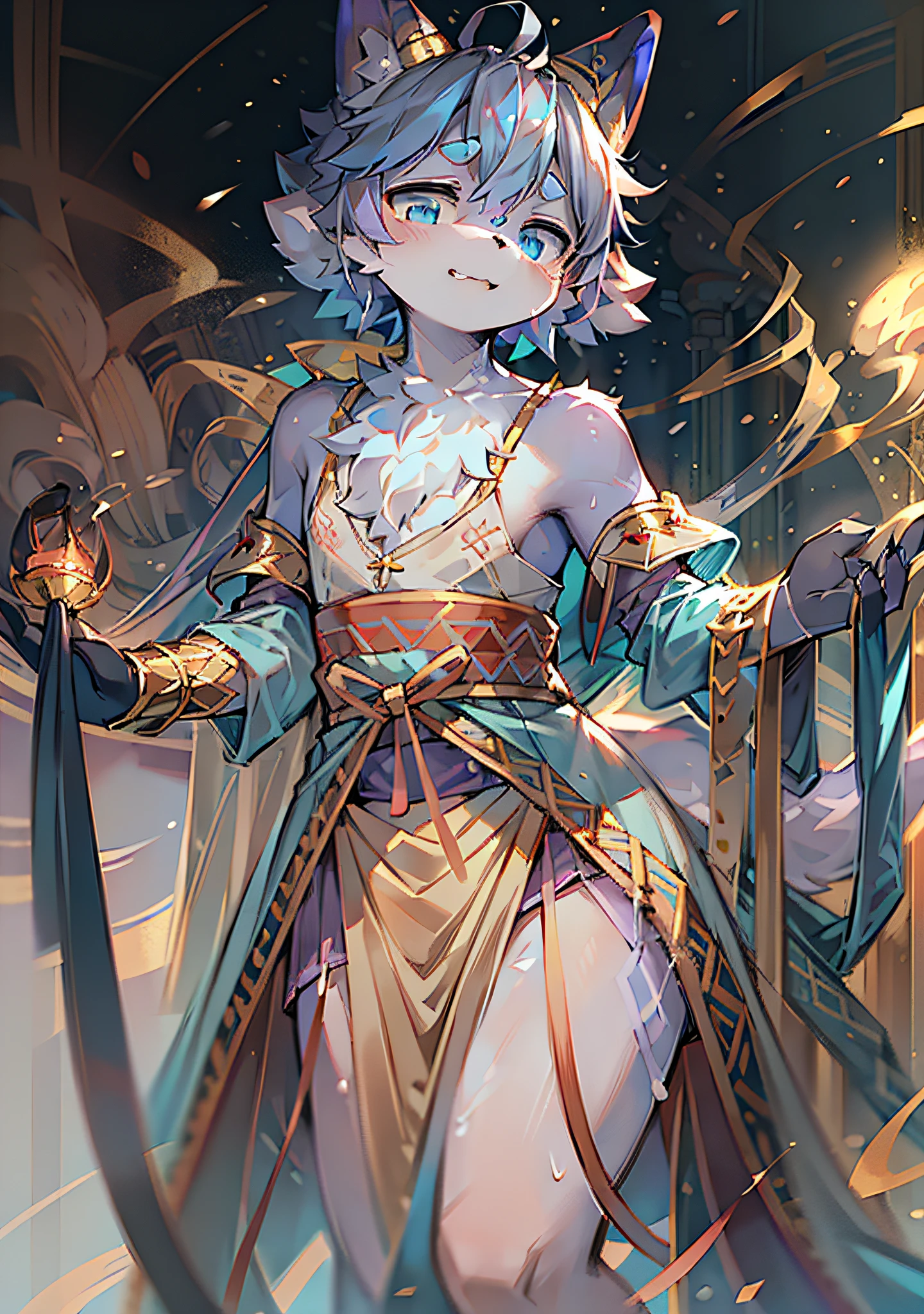(Natural Environment: 0.9), Masterpiece, Pixiv Award-Winning Work, Masterpiece, High Quality, Abstract Res, Digital Painting\(Artwork\), by Dagasi, Yupa, Kiyosan, (Anthro, Fluffy Fur, Character Focus: 1.1), Anthro Male Fox, No hair, portrait, bright eyes, character focus. (detailed background: 0.7), furry, cute, furry male, male, anthr, (full body fur, fluffy pure purple fox tail, full body blue to purple gradient fur, blue eyes, purple diamond pattern on forehead eyebrows, blue face, white mouth, no hair, white eyebrows, pure blue ears, black hands: 2.6), (long canine, white light tulle, eyes, short hair: 2), standing, white light tulle, (exotic, Dunhuang, Tang dynasty, Tang costume: 3.6)