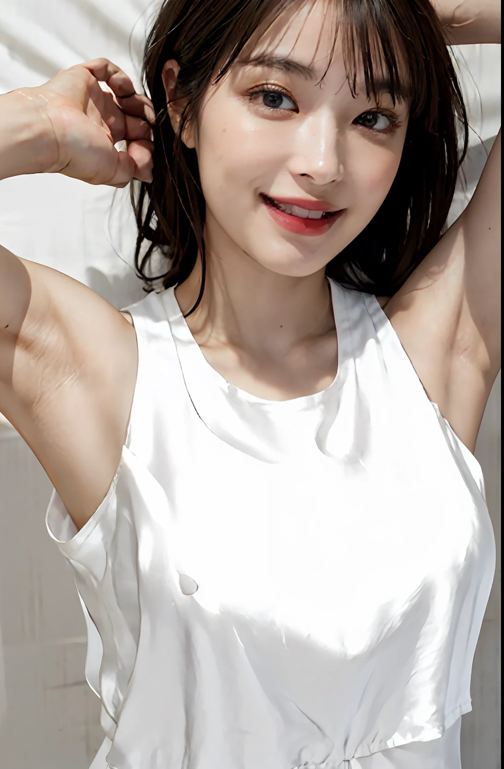 (ultra realisitic), (illutst), (Hi-Def), (8K), (Heavily detailed), (the best illustration), (Beautiful detailed eyes), (最好质量), (superdetailed), (巨作), (wall paper), (details face), a bed、Upper body close-up,Armpit, a smile,Plump,独奏、((Wearing a plummeting tank top in white silk:1.5)), full of sweat, japanes, giant breast、 (camel's toe)、babes、Brown hair、((portlate))、glowy skin、