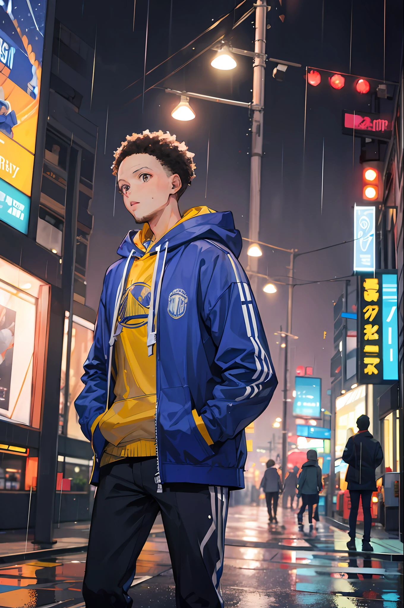Steph curry, hoodie, hands in pockets, city raining in background, lights