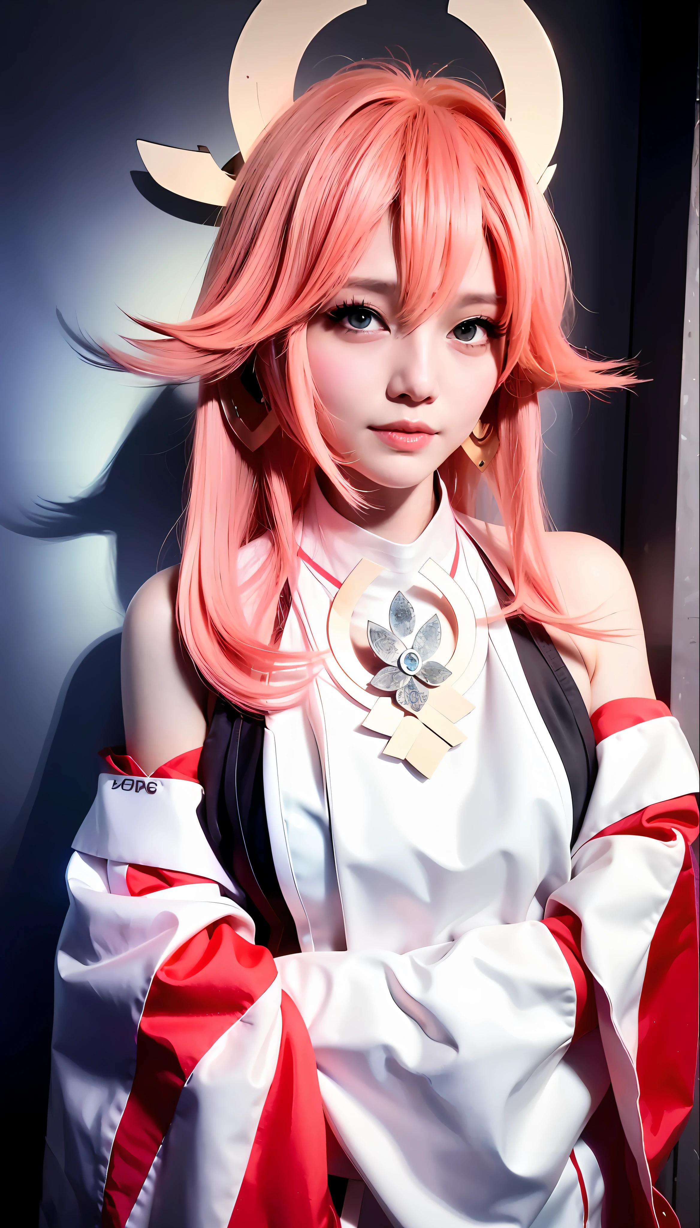 ((8k, RAW photo, highest quality, masterpiece), high detail RAW color photo professional close-up photo, (realism, photo realism: 1. 37), (highest quality), (best shadow), (best illustration), ultra high resolution, physically based rendering, cinematic lighting), 1girl, petite, (ulzzang-6500:0.7), yae miko \(fox\), yae miko \(cosplay\), yae miko, smile, thick lips, narrow waist, shiny skin, pink hair, side face, depth of field, (long hair), off-the-shoulder, off-sleeve, hair accessories, earrings, exposed thighs, (lateral chest: 1.65), upper body, East Asian architecture, covered