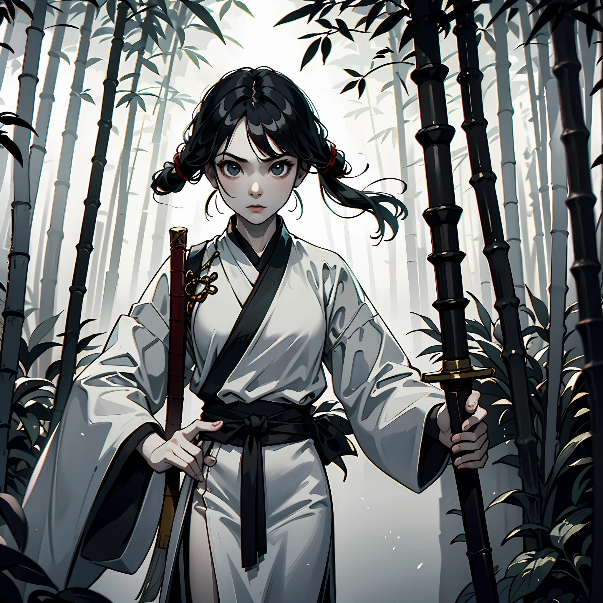 In the bamboo forest，A young girl wearing Chinese Hanfu，Hold a long sword in your hand，Look sharply at the camera，Black and white tones --auto
