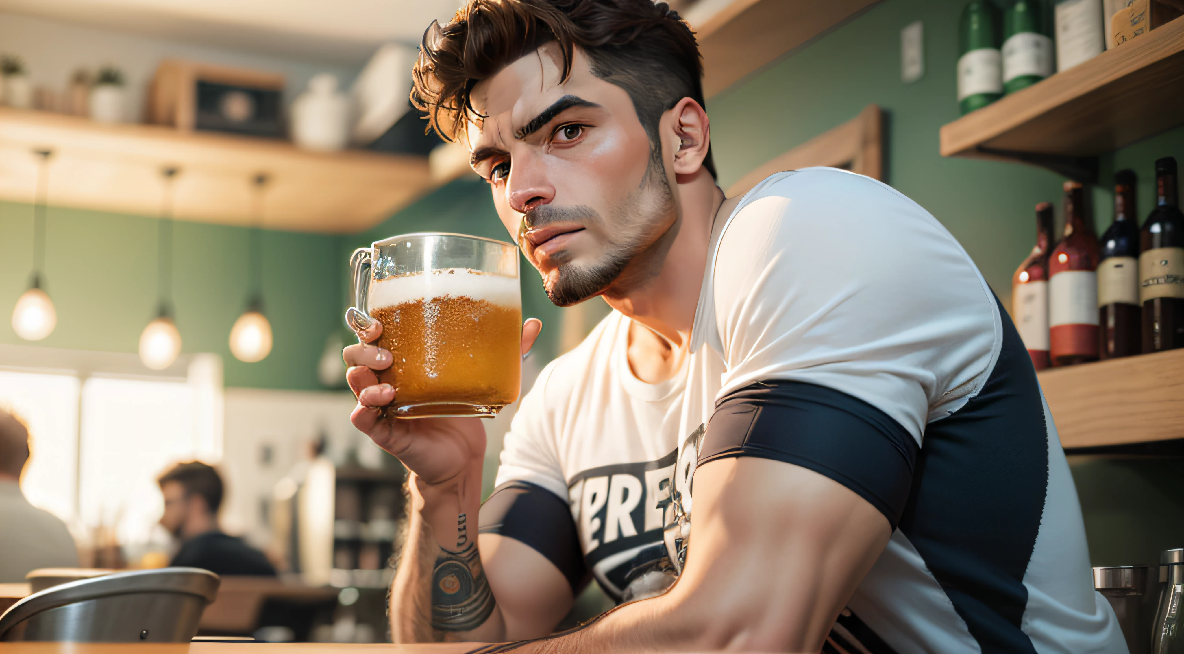homem olhando de longe para um copo grande de cerveja, zoom no copo, Man behind, homem no fundo, camiseta preta, cozinha, drogas por todo lado
