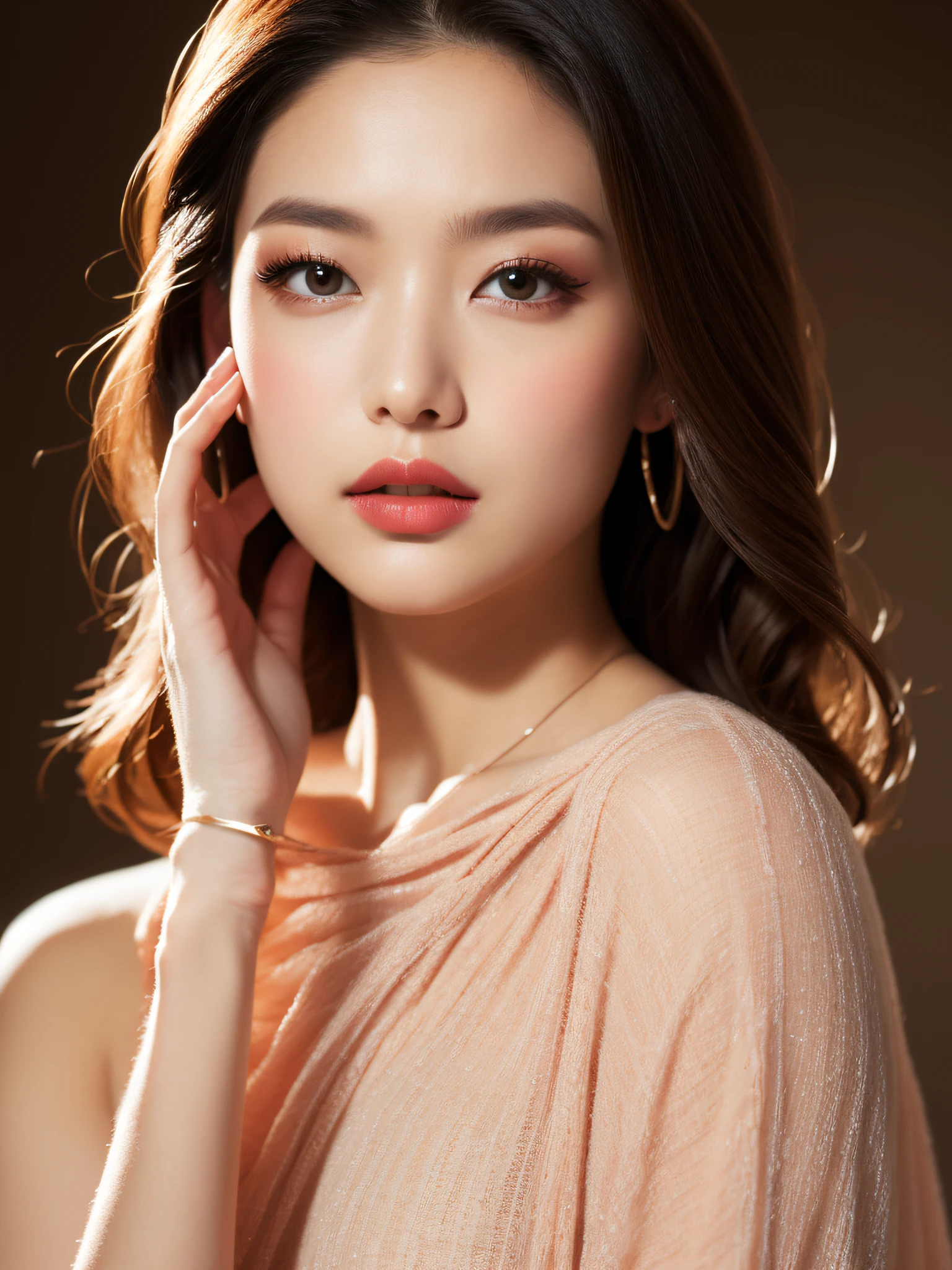 girl, close-up, looking at viewer, forehead, hand on own cheek, portrait, ((sleevless blouse, shawl)), bracelet, pastel manicure, thick eyebrows, simple background, super model, fashion model, parted lips, (High Key Lighting, makeup), blush, (rouge \(makeup\)),
masterpiece, top quality, best quality, official art, unity 8k wallpaper, highres, ultra-high res, ultra-detailed, beautiful and aesthetic, (photorealistic:1.4),
