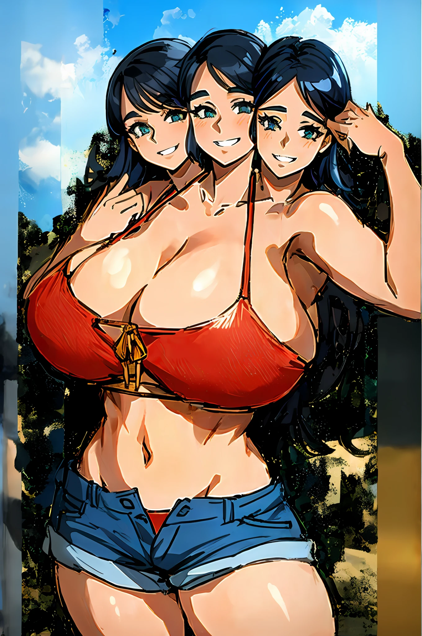 2heads, a chubby woman with 2 heads. She has enormous breasts. She is at the beach. She is wearing a bright bikini top and jean shorts. She is smiling wide. She has gigantic breasts.